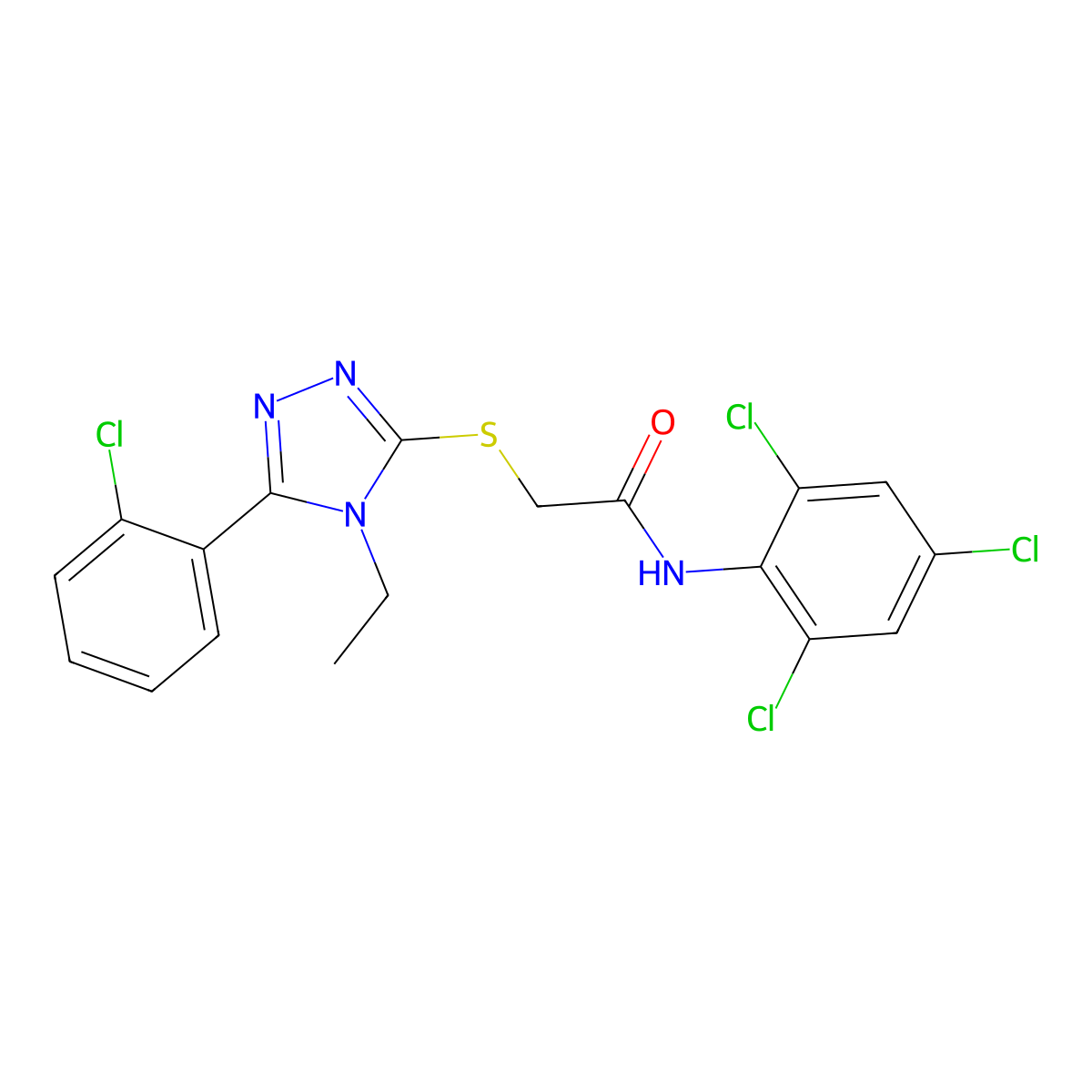 2-[[5-(2-chlorophenyl)-4-ethyl-1,2,4-triazol-3-yl]sulfanyl]-N-(2,4,6-trichlorophenyl)acetamide molecular structure, CAS 713097-02-0