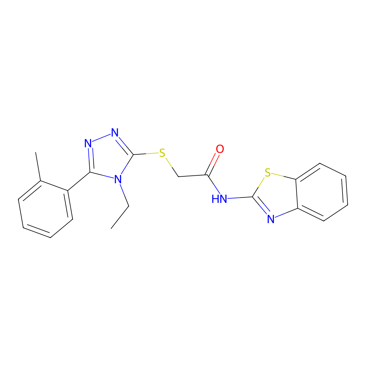 N-(1,3-benzothiazol-2-yl)-2-[[4-ethyl-5-(2-methylphenyl)-1,2,4-triazol-3-yl]sulfanyl]acetamide molecular structure, CAS 713097-06-4