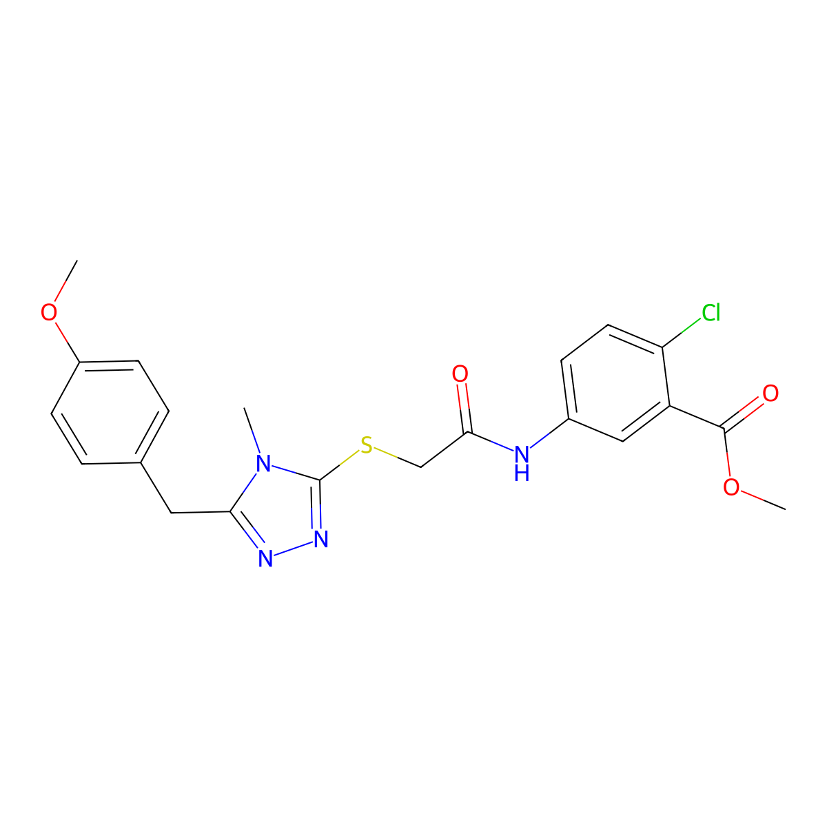 methyl 2-chloro-5-[({[5-(4-methoxybenzyl)-4-methyl-4H-1,2,4-triazol-3-yl]sulfanyl}acetyl)amino]benzoate molecular structure, CAS 713097-12-2