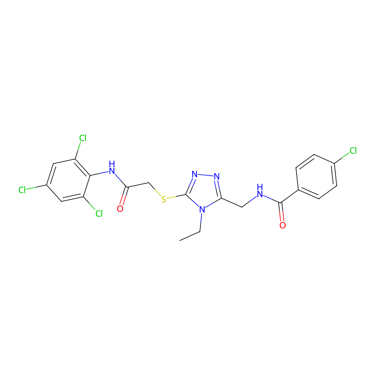 4-chloro-N-[[4-ethyl-5-[2-oxo-2-(2,4,6-trichloroanilino)ethyl]sulfanyl-1,2,4-triazol-3-yl]methyl]benzamide molecular structure, CAS 713097-25-7