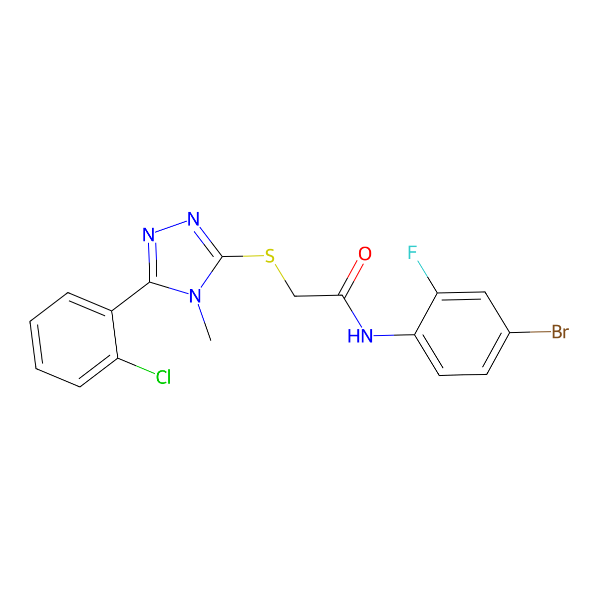 N-(4-bromo-2-fluorophenyl)-2-[[5-(2-chlorophenyl)-4-methyl-1,2,4-triazol-3-yl]sulfanyl]acetamide molecular structure, CAS 713097-34-8