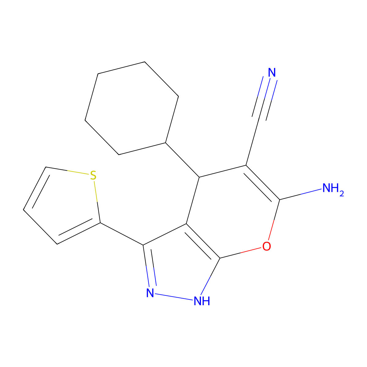 6-Amino-4-cyclohexyl-3-thiophen-2-yl-2,4-dihydropyrano[2,3-c]pyrazole-5-carbonitrile molecular structure, CAS 713097-82-6