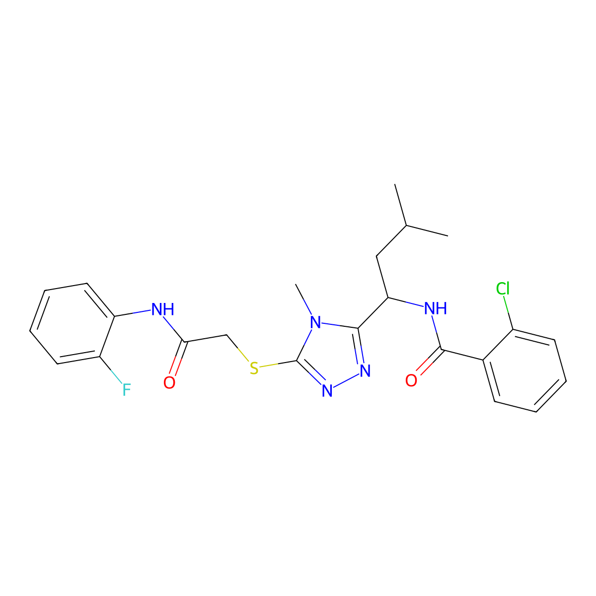 2-chloro-N-[1-[5-[2-(2-fluoroanilino)-2-oxoethyl]sulfanyl-4-methyl-1,2,4-triazol-3-yl]-3-methylbutyl]benzamide molecular structure, CAS 713098-12-5