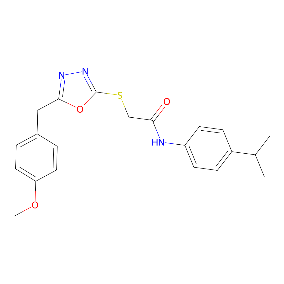 2-[[5-[(4-methoxyphenyl)methyl]-1,3,4-oxadiazol-2-yl]sulfanyl]-N-(4-propan-2-ylphenyl)acetamide molecular structure, CAS 713098-55-6