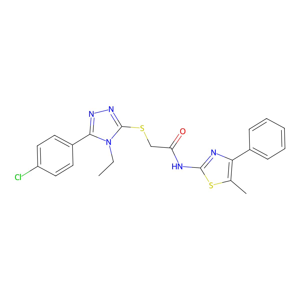 2-[[5-(4-chlorophenyl)-4-ethyl-1,2,4-triazol-3-yl]sulfanyl]-N-(5-methyl-4-phenyl-1,3-thiazol-2-yl)acetamide molecular structure, CAS 713099-02-6