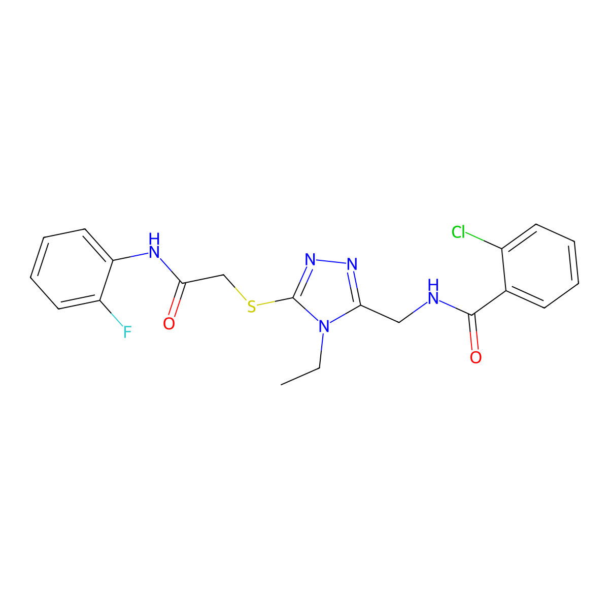 2-chloro-N-[[4-ethyl-5-[2-(2-fluoroanilino)-2-oxoethyl]sulfanyl-1,2,4-triazol-3-yl]methyl]benzamide molecular structure, CAS 713099-15-1