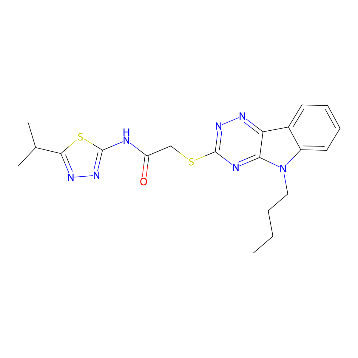 2-[(5-butyl-[1,2,4]triazino[5,6-b]indol-3-yl)sulfanyl]-N-(5-propan-2-yl-1,3,4-thiadiazol-2-yl)acetamide molecular structure, CAS 713099-47-9