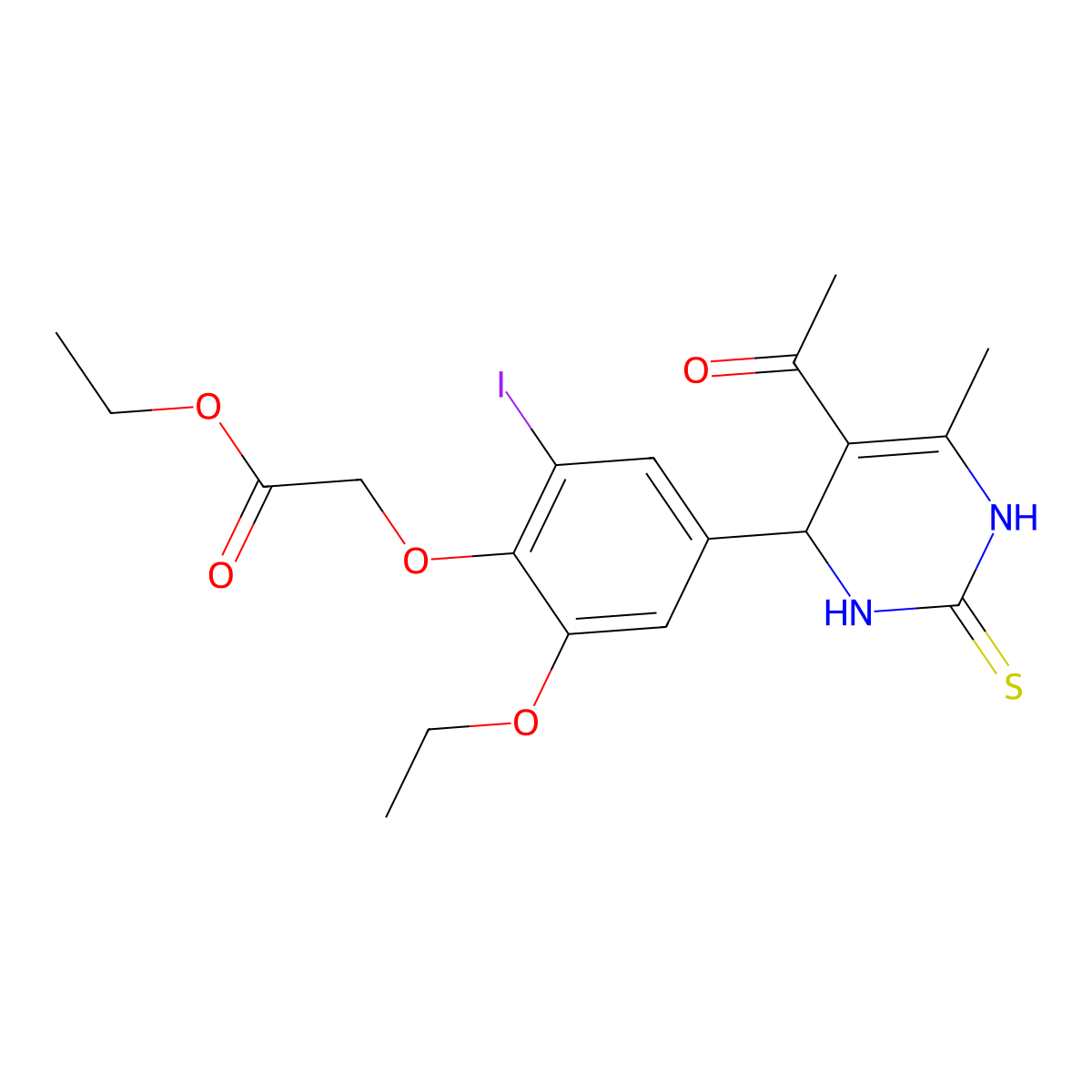 Ethyl [4-(5-acetyl-6-methyl-2-thioxo-1,2,3,4-tetrahydropyrimidin-4-yl)-2-ethoxy-6-iodophenoxy]acetate molecular structure, CAS 713103-52-7
