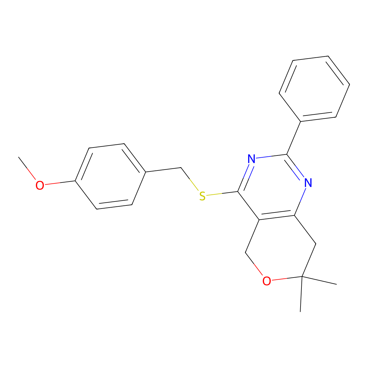 4-[(4-Methoxyphenyl)methylsulfanyl]-7,7-dimethyl-2-phenyl-5,8-dihydropyrano[4,3-d]pyrimidine molecular structure, CAS 713111-92-3