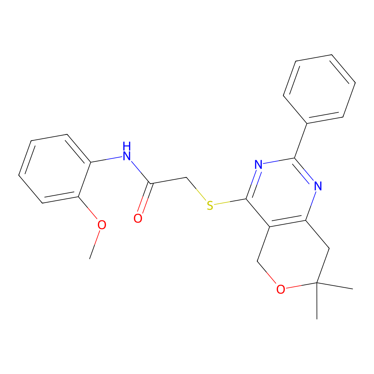 2-[(7,7-dimethyl-2-phenyl-5,8-dihydropyrano[4,3-d]pyrimidin-4-yl)sulfanyl]-N-(2-methoxyphenyl)acetamide molecular structure, CAS 713111-93-4