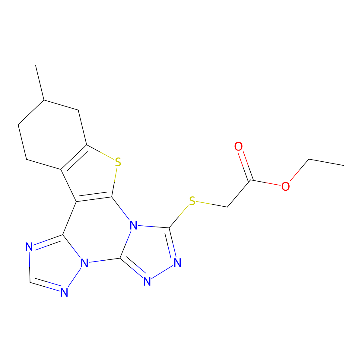 Ethyl 2-((11-methyl-10,11,12,13-tetrahydrobenzo[4,5]thieno[3,2-e]bis([1,2,4]triazolo)[4,3-a:1',5'-c]pyrimidin-7-yl)thio)acetate molecular structure, CAS 713111-96-7