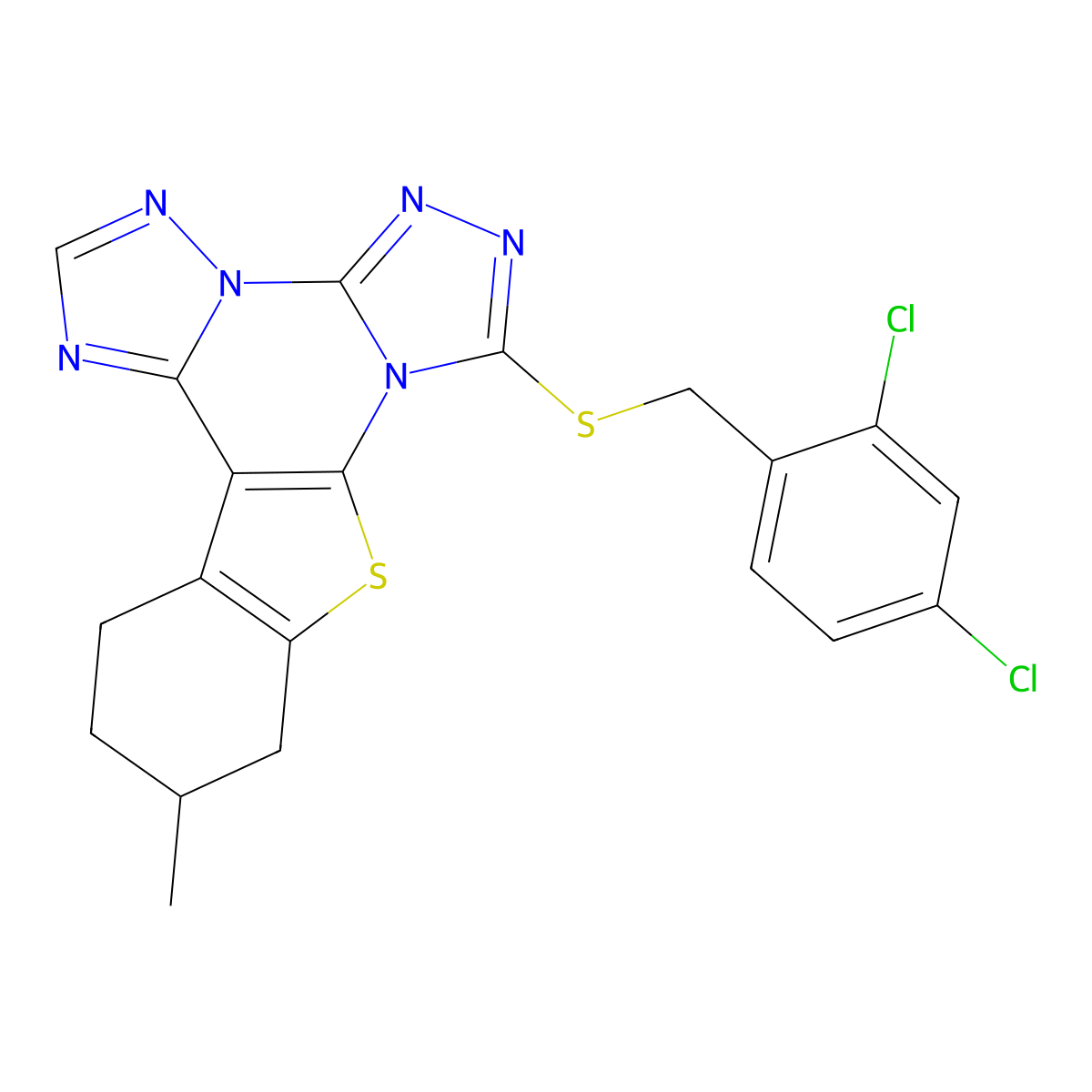 7-((2,4-Dichlorobenzyl)thio)-11-methyl-10,11,12,13-tetrahydrobenzo[4,5]thieno[3,2-e]bis([1,2,4]triazolo)[4,3-a:1',5'-c]pyrimidine molecular structure, CAS 713111-97-8