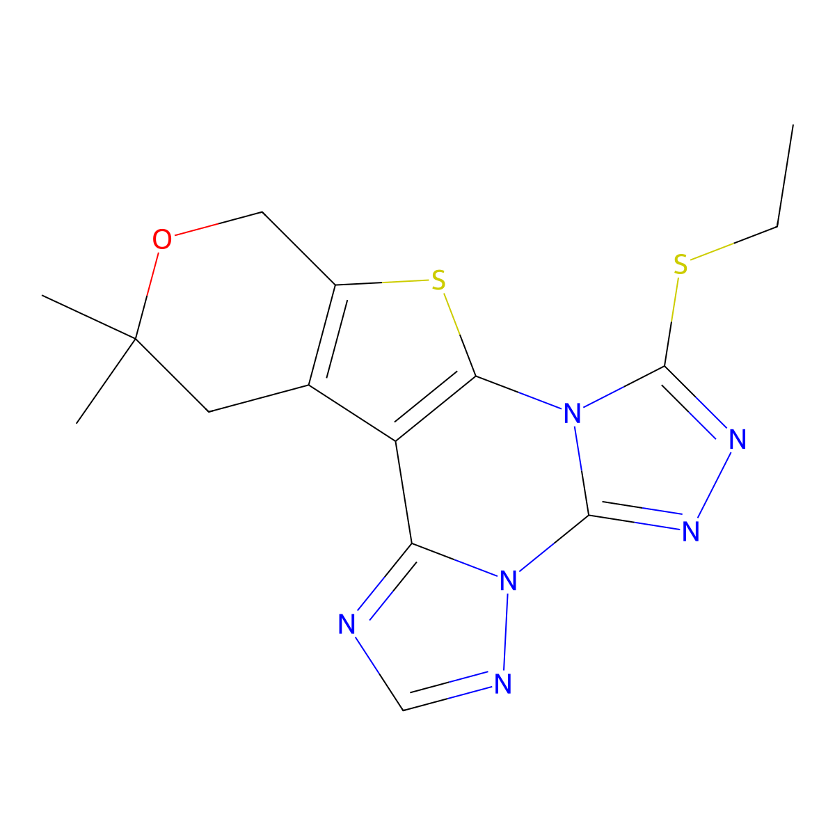 7-(ethylthio)-12,12-dimethyl-12,13-dihydro-10H-pyrano[4',3':4,5]thieno[3,2-e]bis([1,2,4]triazolo)[4,3-a:1',5'-c]pyrimidine molecular structure, CAS 713112-02-8
