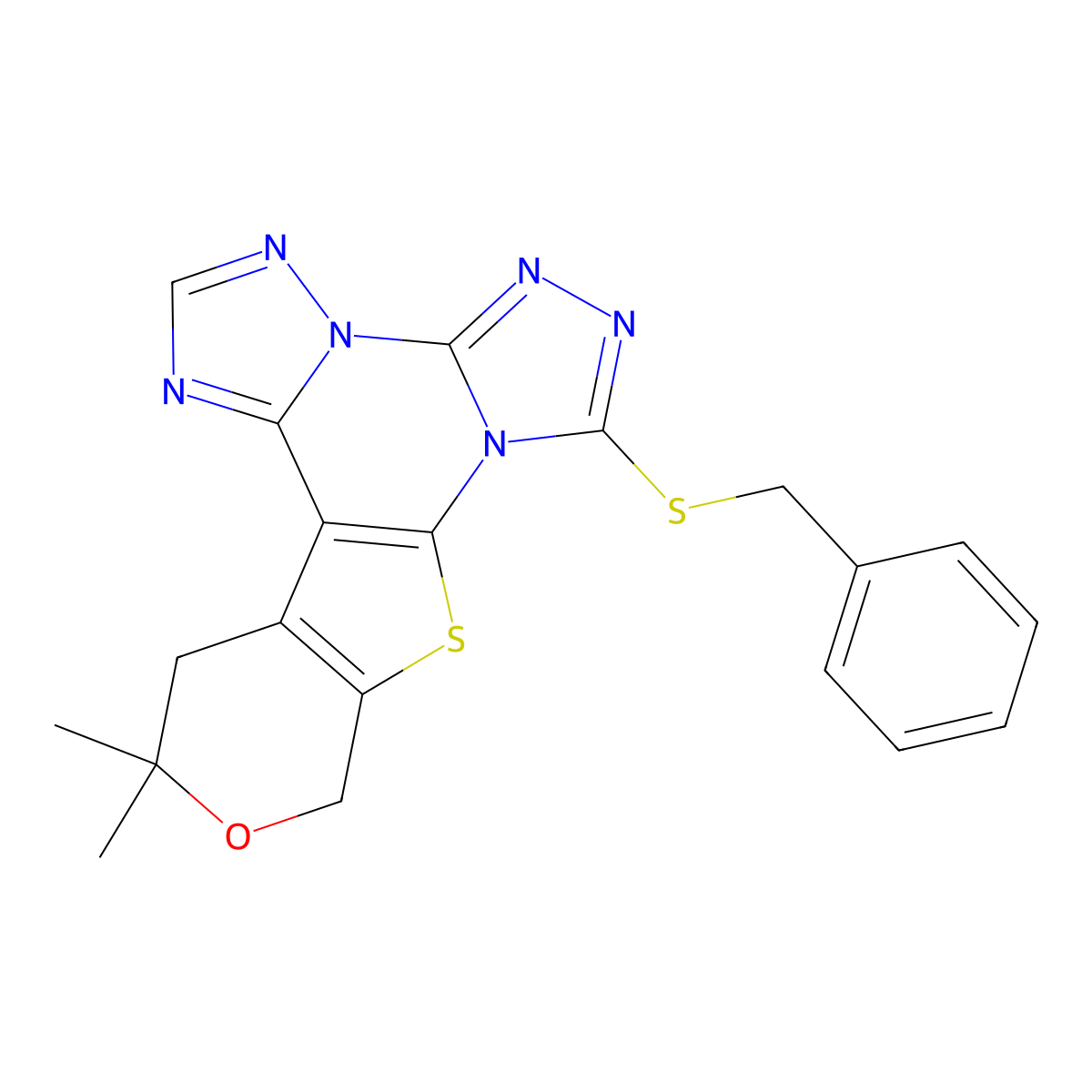 7-(benzylthio)-12,12-dimethyl-12,13-dihydro-10H-pyrano[4',3':4,5]thieno[3,2-e]bis([1,2,4]triazolo)[4,3-a:1',5'-c]pyrimidine molecular structure, CAS 713112-03-9
