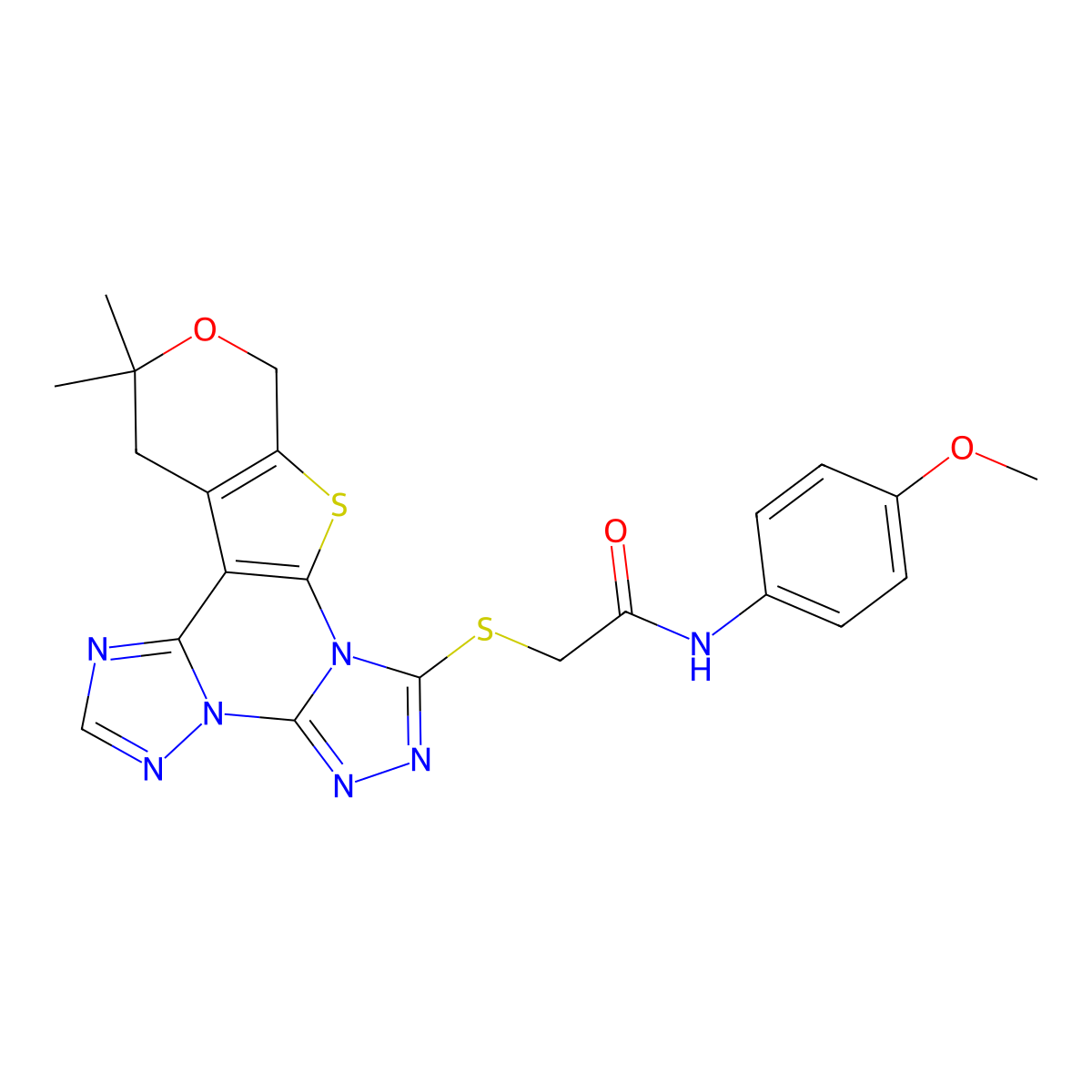 2-((12,12-dimethyl-12,13-dihydro-10H-pyrano[4',3':4,5]thieno[3,2-e]bis([1,2,4]triazolo)[4,3-a:1',5'-c]pyrimidin-7-yl)thio)-N-(4-methoxyphenyl)acetamide molecular structure, CAS 713112-05-1