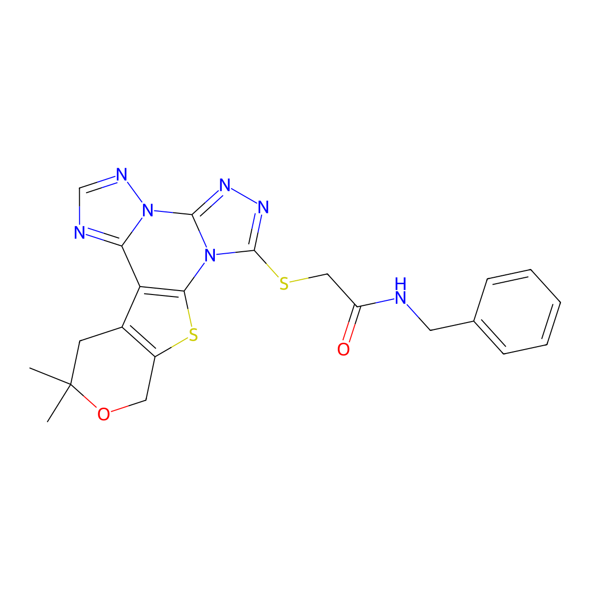 N-benzyl-2-((12,12-dimethyl-12,13-dihydro-10H-pyrano[4',3':4,5]thieno[3,2-e]bis([1,2,4]triazolo)[4,3-a:1',5'-c]pyrimidin-7-yl)thio)acetamide molecular structure, CAS 713112-06-2