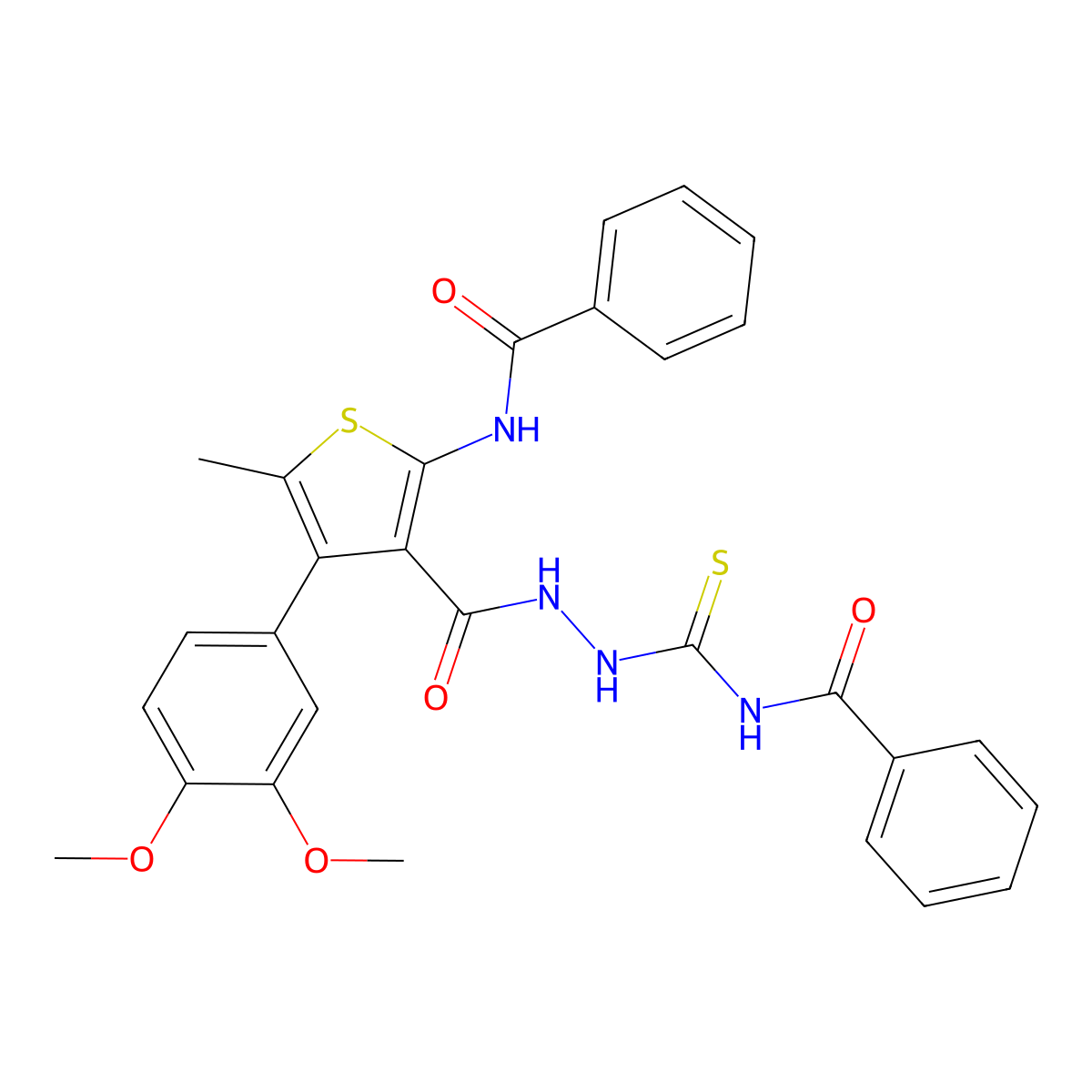 N-[3-[(benzoylcarbamothioylamino)carbamoyl]-4-(3,4-dimethoxyphenyl)-5-methylthiophen-2-yl]benzamide molecular structure, CAS 713112-69-7