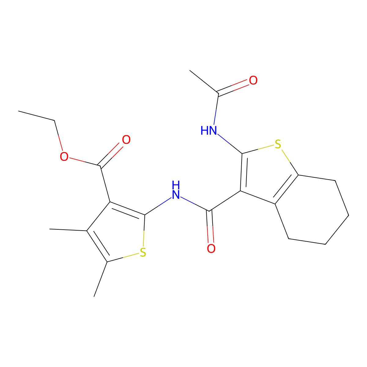 Ethyl 2-[(2-acetamido-4,5,6,7-tetrahydro-1-benzothiophene-3-carbonyl)amino]-4,5-dimethylthiophene-3-carboxylate molecular structure, CAS 713112-83-5