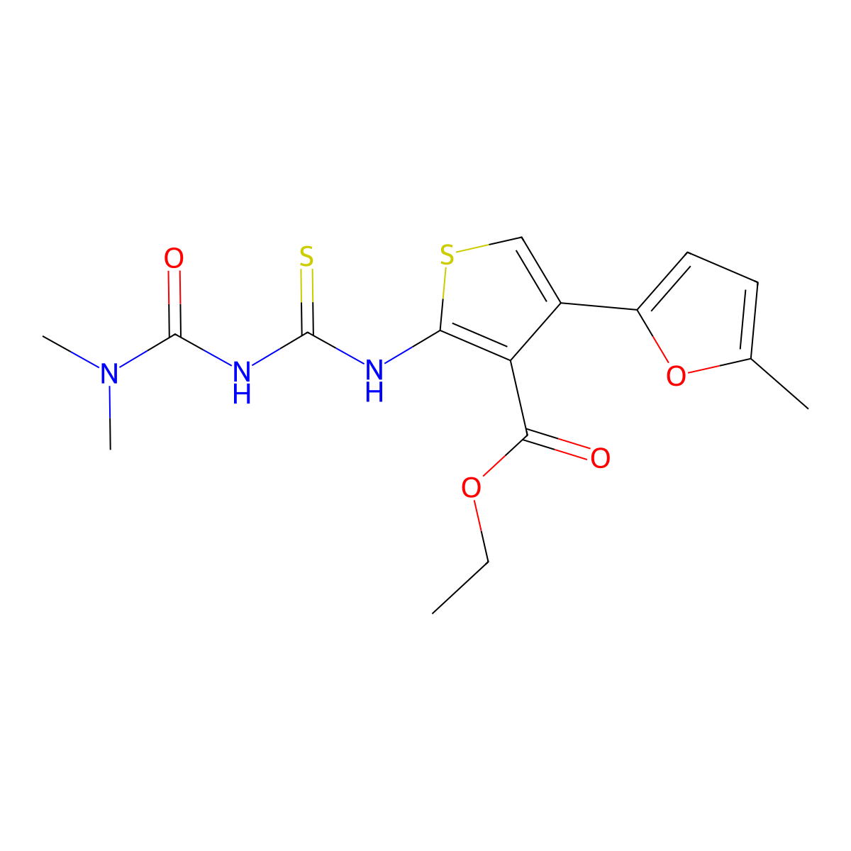 Ethyl 2-(dimethylcarbamoylcarbamothioylamino)-4-(5-methylfuran-2-yl)thiophene-3-carboxylate molecular structure, CAS 713112-91-5