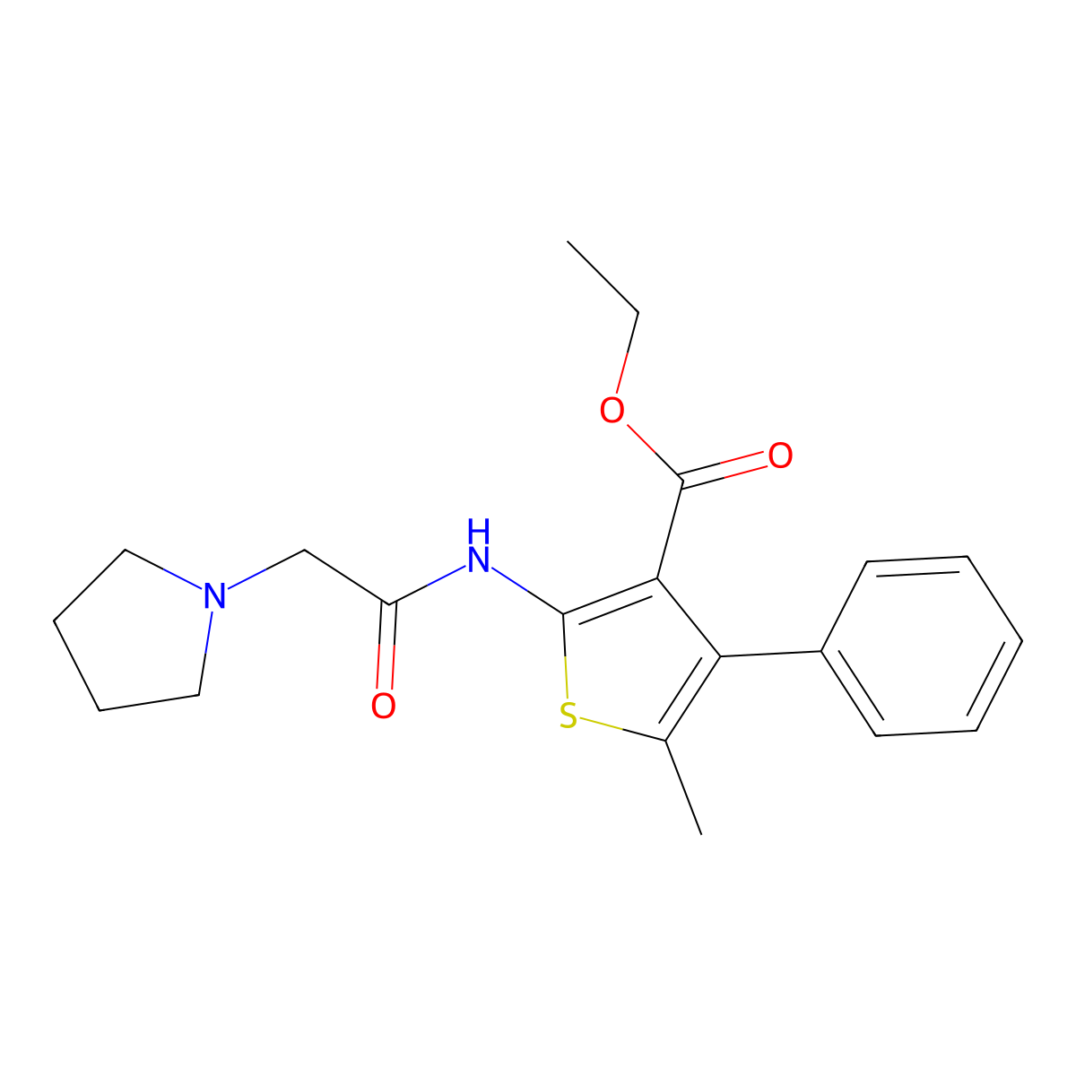Ethyl 5-methyl-4-phenyl-2-[(2-pyrrolidin-1-ylacetyl)amino]thiophene-3-carboxylate molecular structure, CAS 713112-93-7