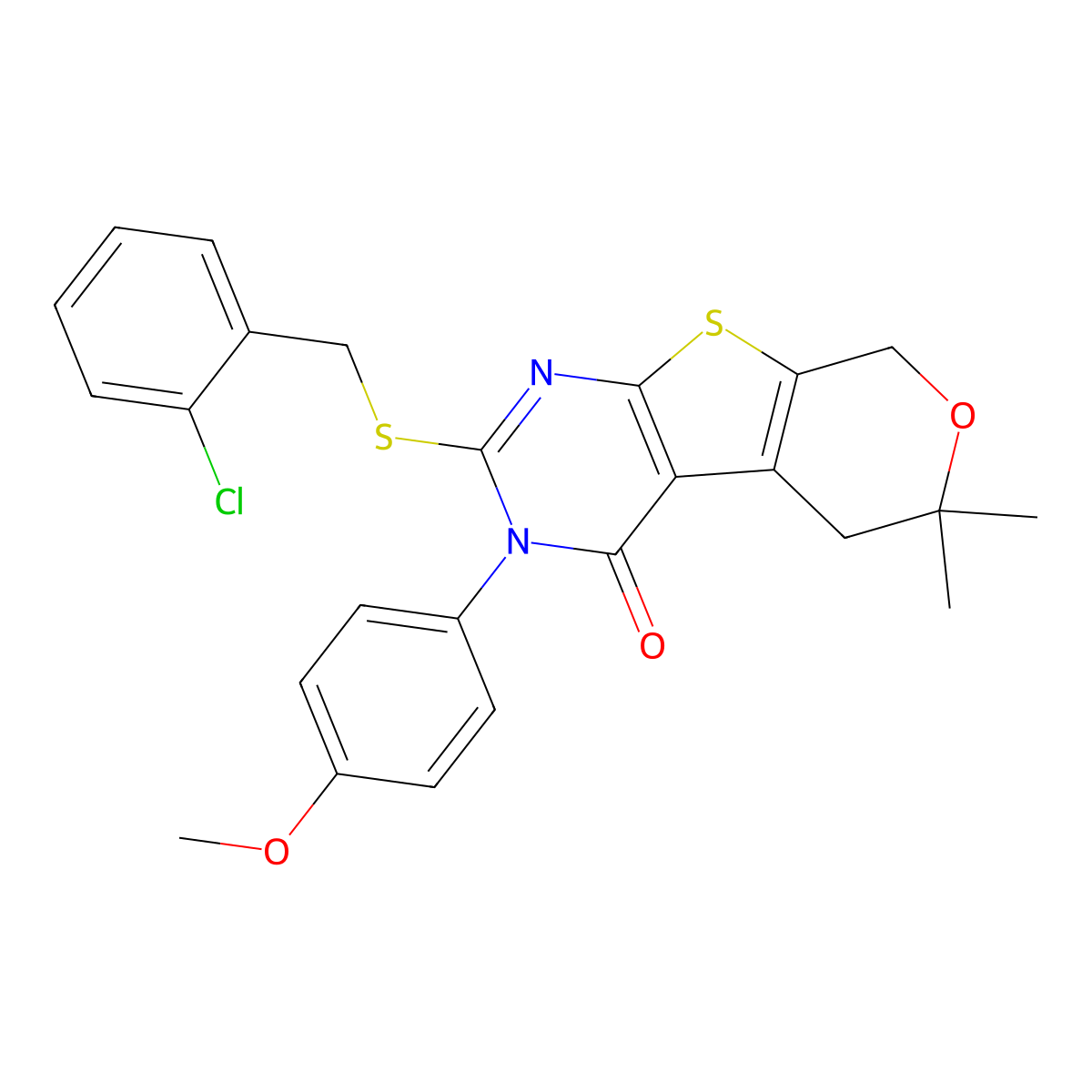 2-[(2-Chlorophenyl)methylsulfanyl]-3-(4-methoxyphenyl)-6,6-dimethyl-5,8-dihydropyrano[2,3]thieno[2,4-b]pyrimidin-4-one molecular structure, CAS 713113-05-4