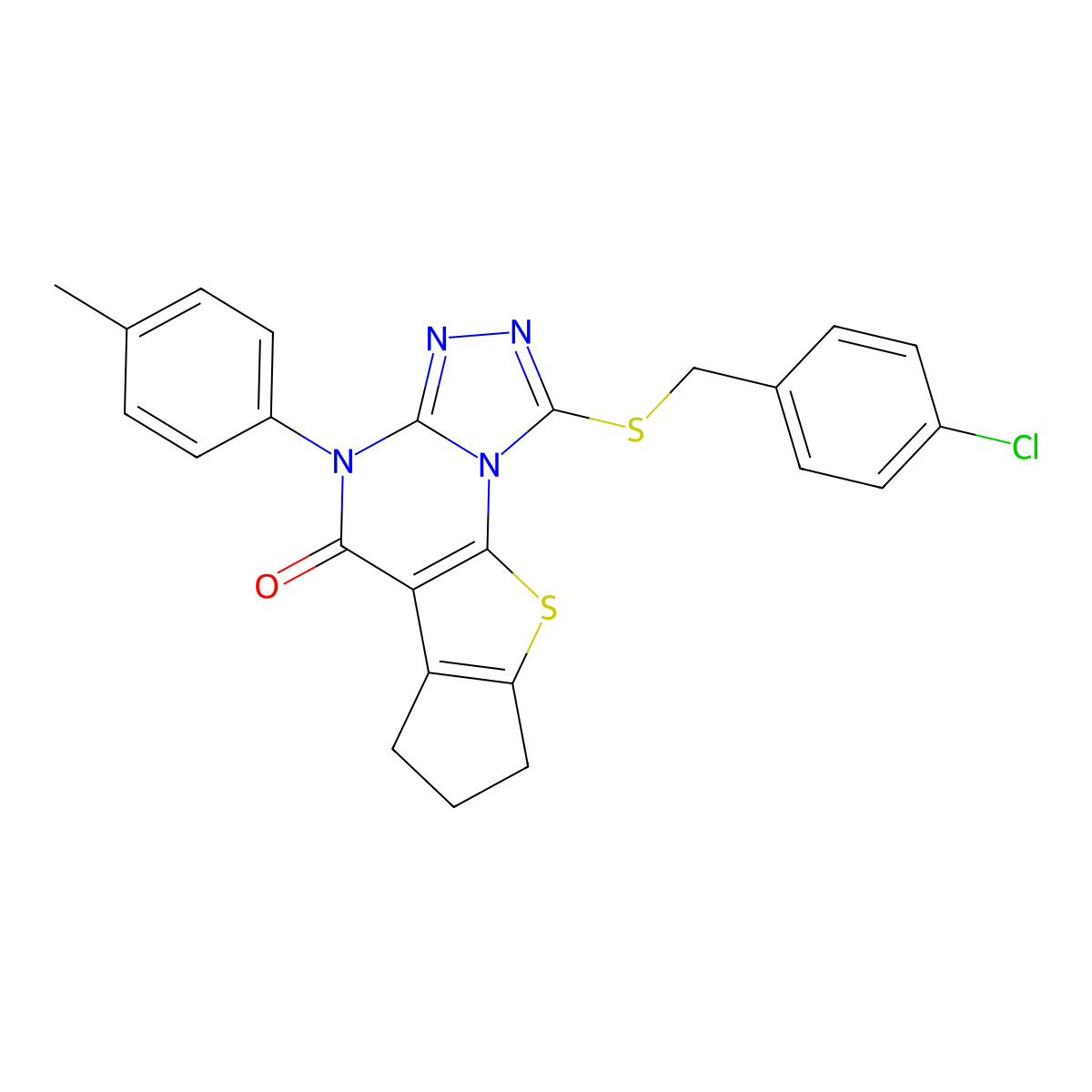 1-((4-chlorobenzyl)thio)-4-(p-tolyl)-7,8-dihydro-4H-cyclopenta[4,5]thieno[3,2-e][1,2,4]triazolo[4,3-a]pyrimidin-5(6H)-one molecular structure, CAS 713113-07-6