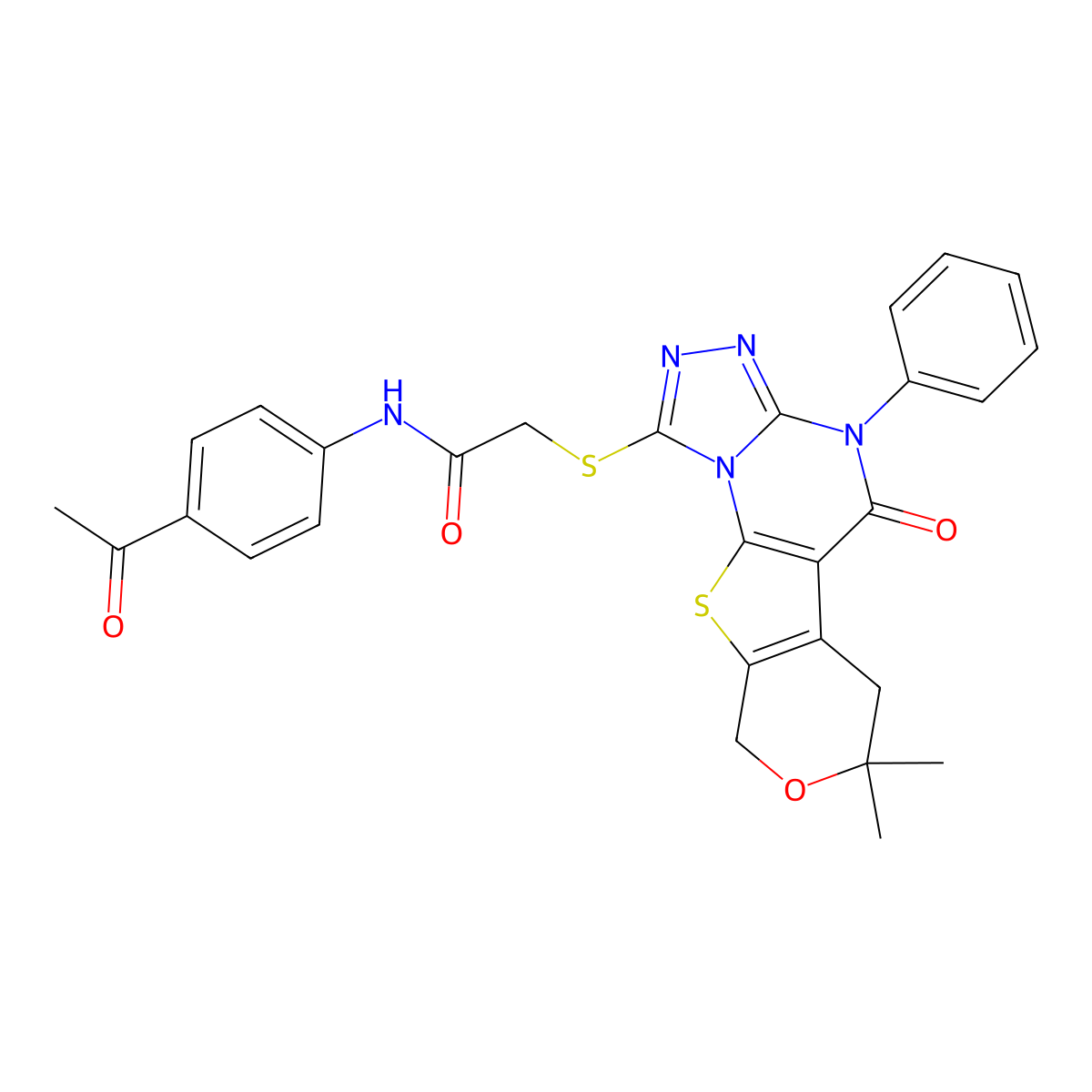 N-(4-acetylphenyl)-2-((7,7-dimethyl-5-oxo-4-phenyl-5,6,7,9-tetrahydro-4H-pyrano[4',3':4,5]thieno[3,2-e][1,2,4]triazolo[4,3-a]pyrimidin-1-yl)thio)acetamide molecular structure, CAS 713113-09-8