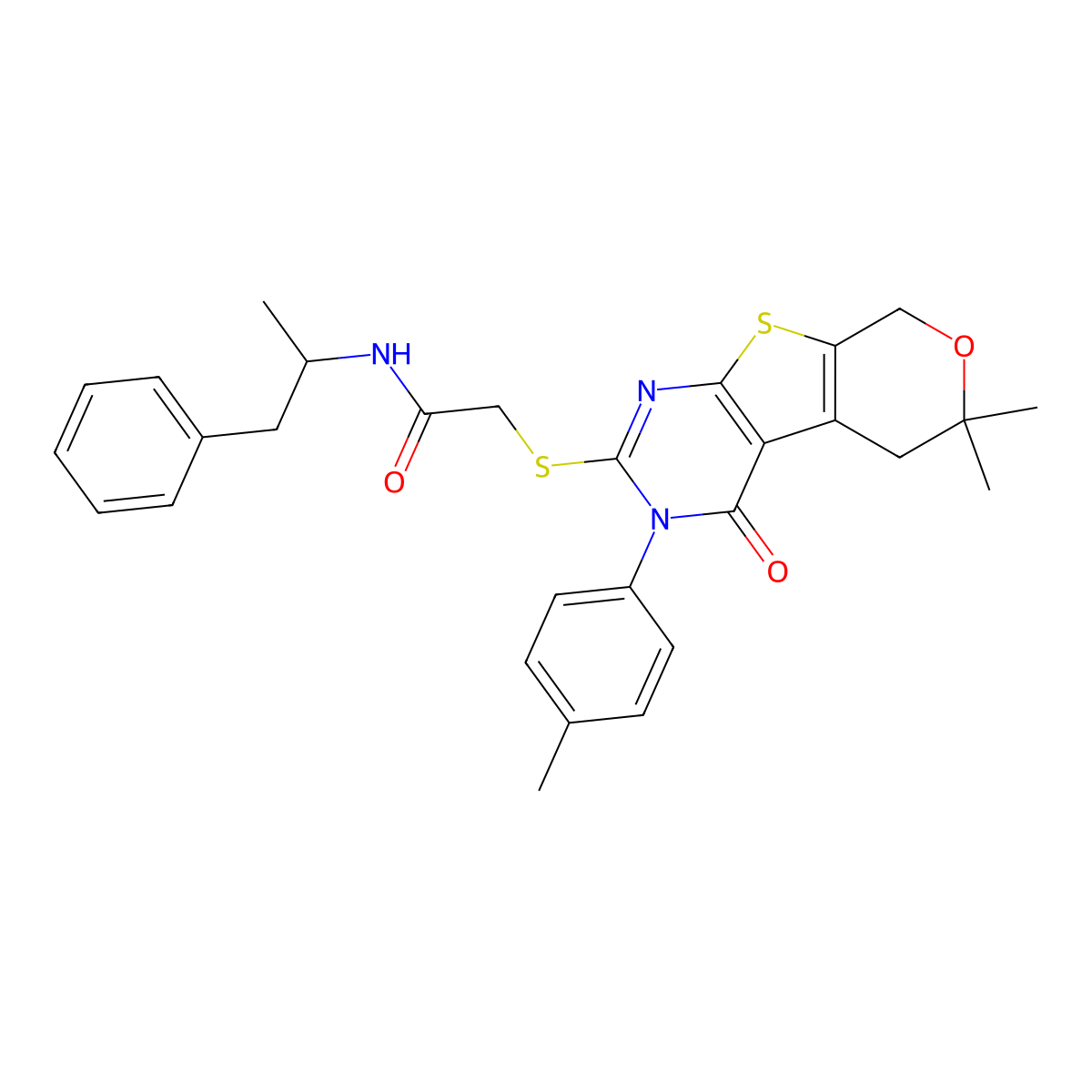 2-((6,6-dimethyl-4-oxo-3-(p-tolyl)-4,5,6,8-tetrahydro-3H-pyrano[4',3':4,5]thieno[2,3-d]pyrimidin-2-yl)thio)-N-(1-phenylpropan-2-yl)acetamide molecular structure, CAS 713113-10-1