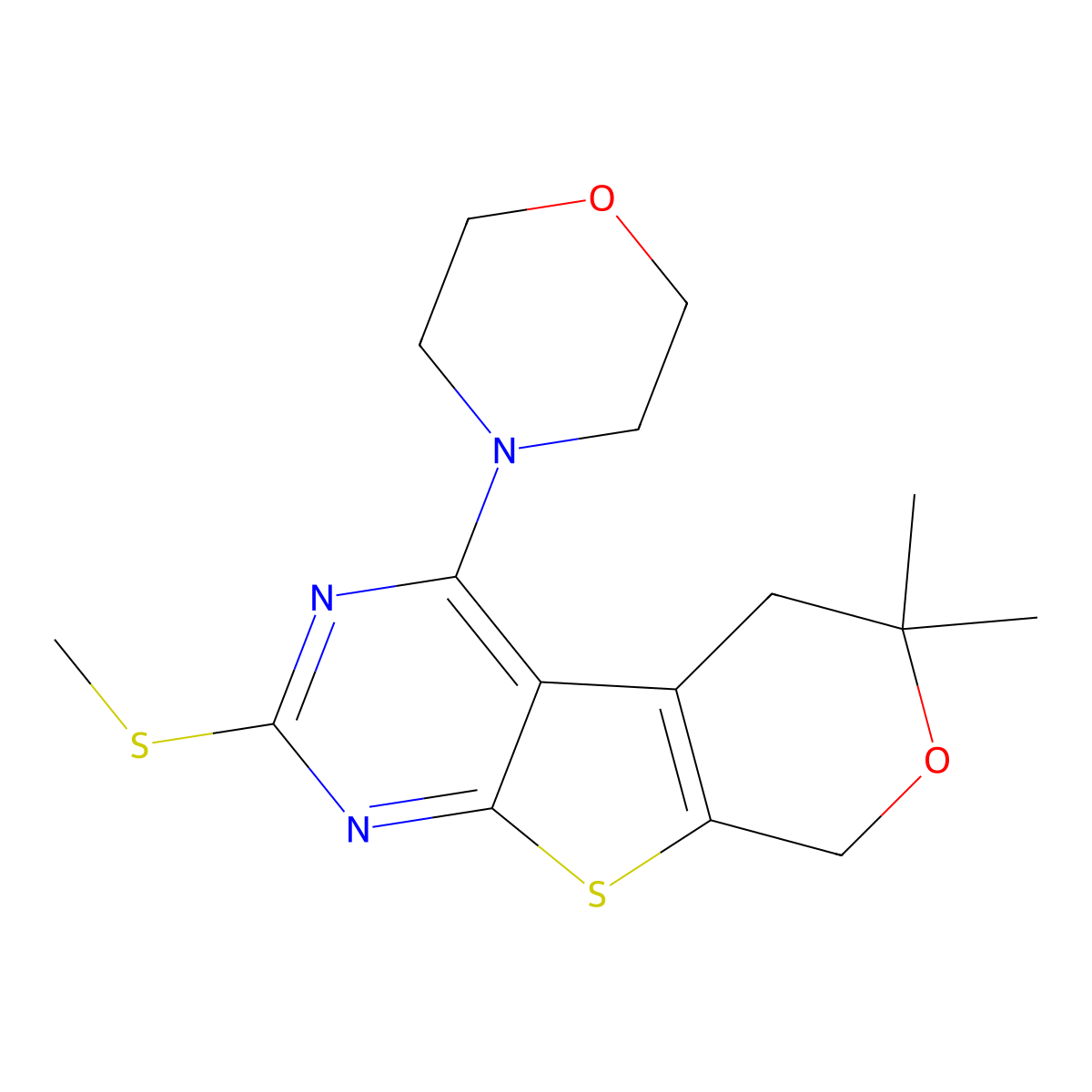 6,6-dimethyl-2-(methylsulfanyl)-4-(morpholin-4-yl)-5,8-dihydro-6H-pyrano[4',3':4,5]thieno[2,3-d]pyrimidine molecular structure, CAS 713113-11-2