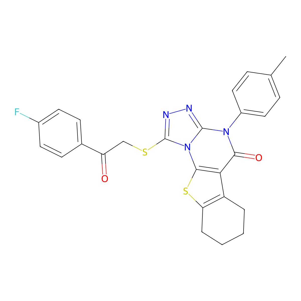 1-((2-(4-fluorophenyl)-2-oxoethyl)thio)-4-(p-tolyl)-6,7,8,9-tetrahydrobenzo[4,5]thieno[3,2-e][1,2,4]triazolo[4,3-a]pyrimidin-5(4H)-one molecular structure, CAS 713113-12-3