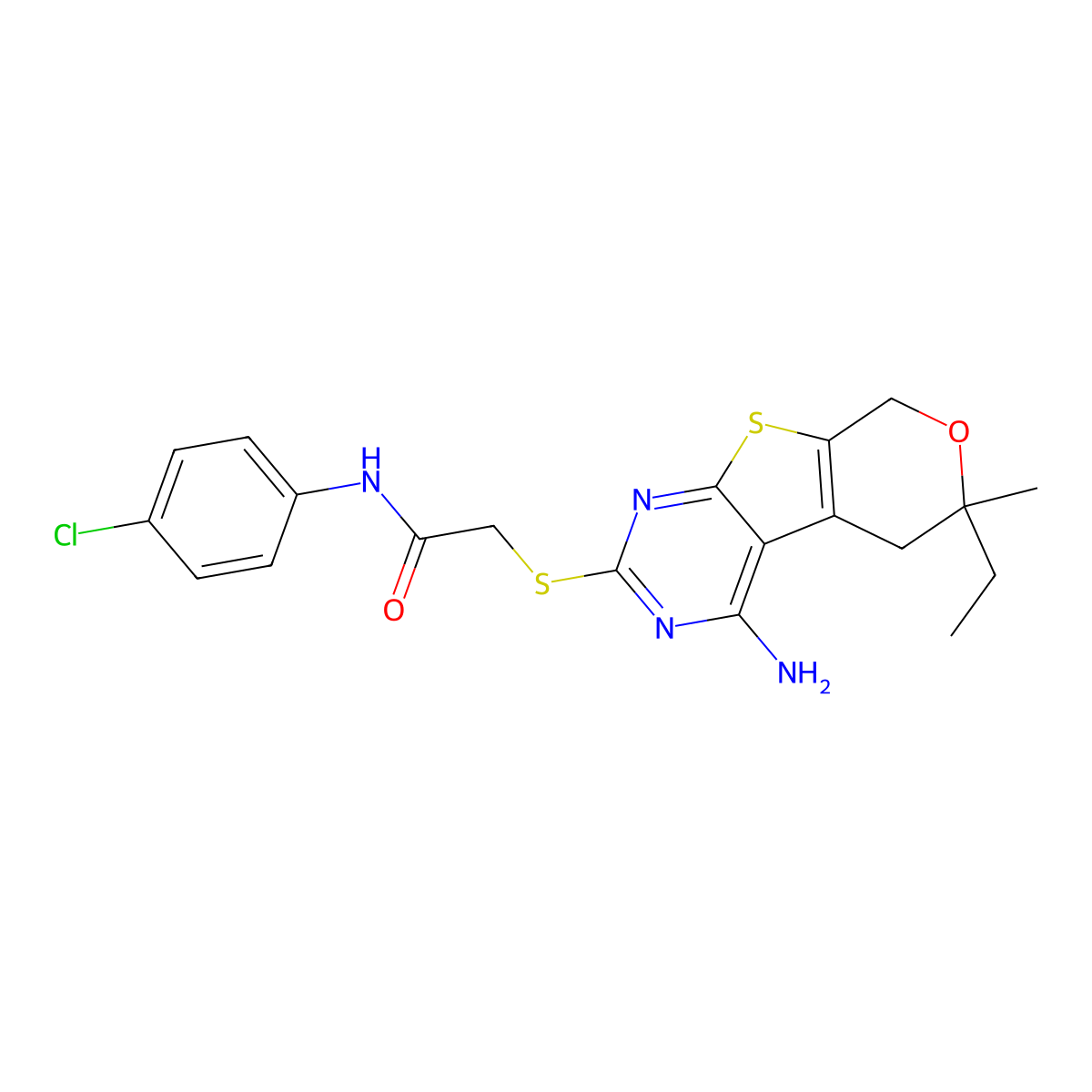 2-[(4-amino-6-ethyl-6-methyl-5,8-dihydro-6H-pyrano[4',3':4,5]thieno[2,3-d]pyrimidin-2-yl)sulfanyl]-N-(4-chlorophenyl)acetamide molecular structure, CAS 713113-13-4