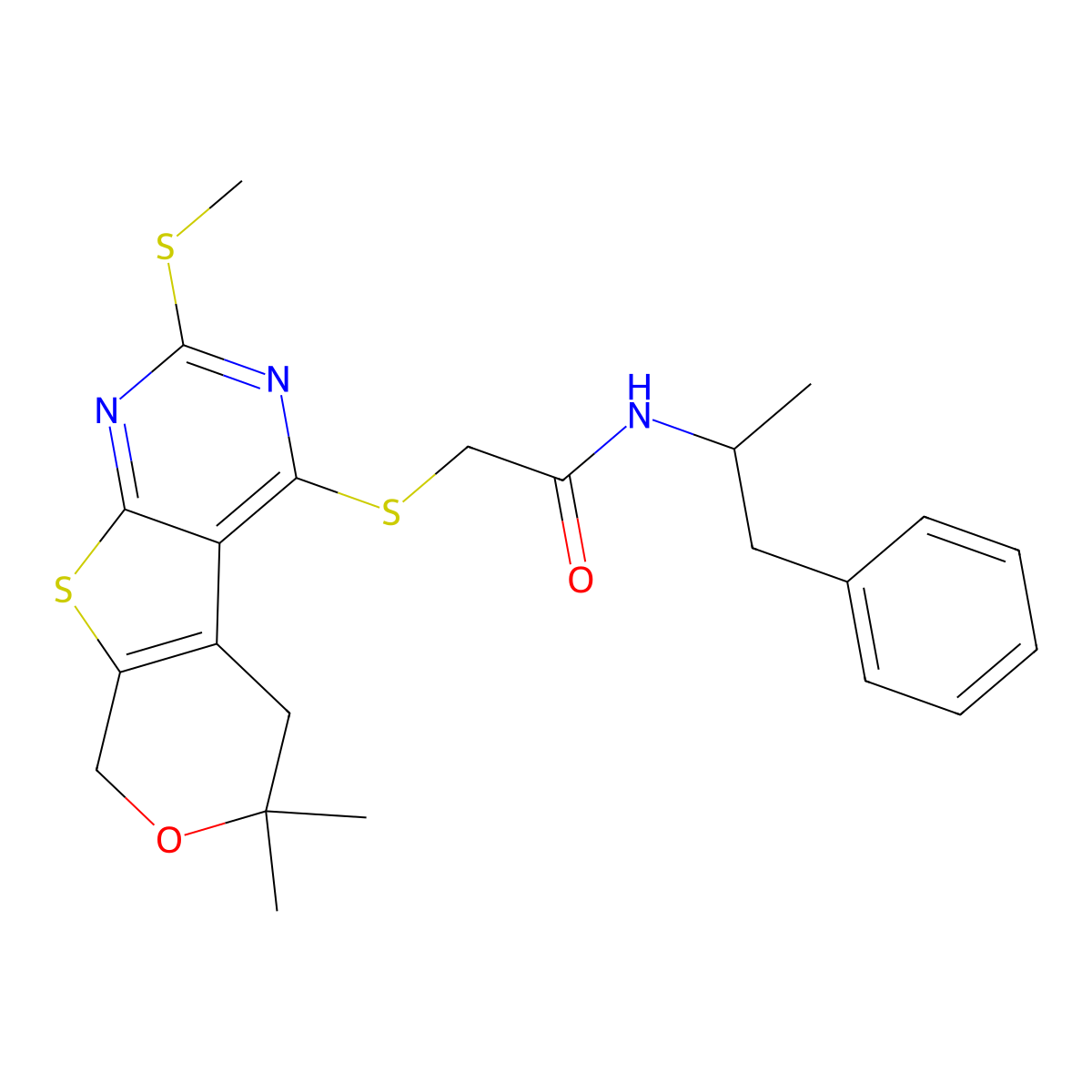 2-[(6,6-dimethyl-2-methylsulfanyl-5,8-dihydropyrano[2,3]thieno[2,4-b]pyrimidin-4-yl)sulfanyl]-N-(1-phenylpropan-2-yl)acetamide molecular structure, CAS 713113-14-5
