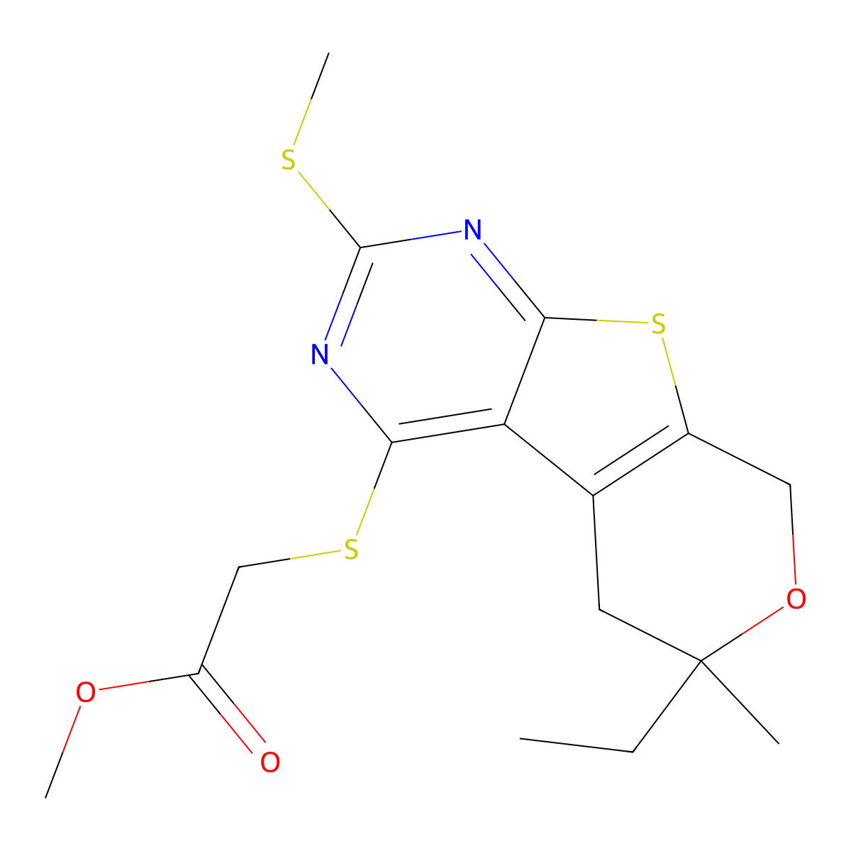 methyl 2-((6-ethyl-6-methyl-2-(methylthio)-6,8-dihydro-5H-pyrano[4',3':4,5]thieno[2,3-d]pyrimidin-4-yl)thio)acetate molecular structure, CAS 713113-15-6