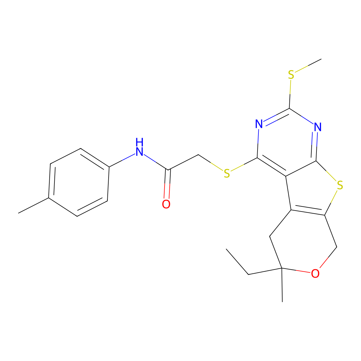 2-{[6-ethyl-6-methyl-2-(methylsulfanyl)-5,8-dihydro-6H-pyrano[4',3':4,5]thieno[2,3-d]pyrimidin-4-yl]sulfanyl}-N-(4-methylphenyl)acetamide molecular structure, CAS 713113-16-7