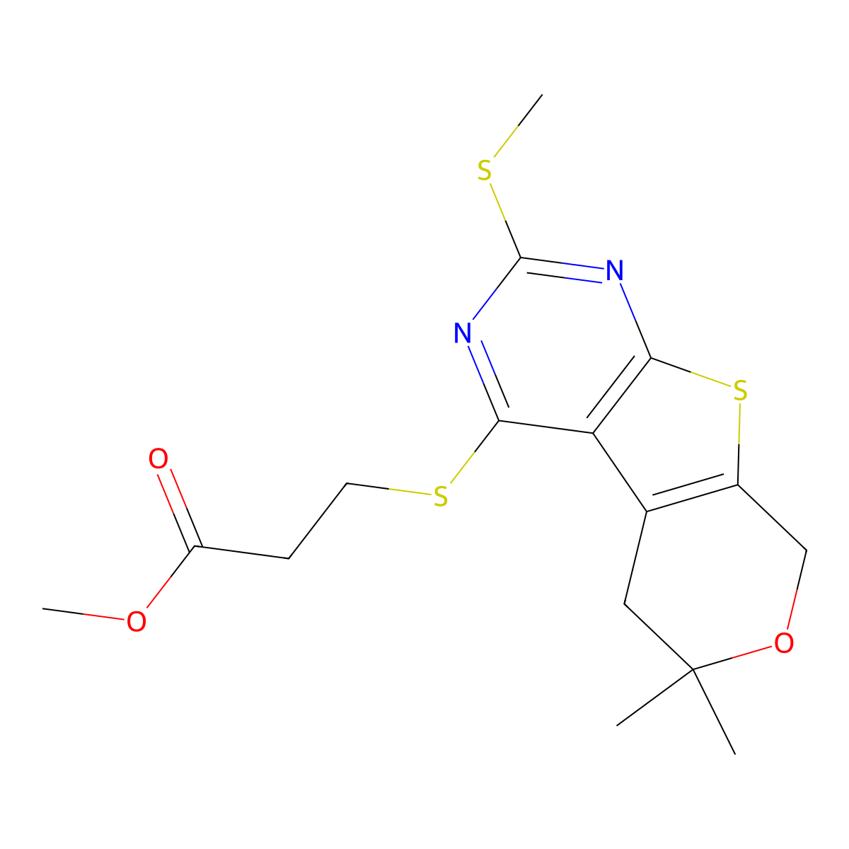 methyl 3-((6,6-dimethyl-2-(methylthio)-6,8-dihydro-5H-pyrano[4',3':4,5]thieno[2,3-d]pyrimidin-4-yl)thio)propanoate molecular structure, CAS 713113-17-8