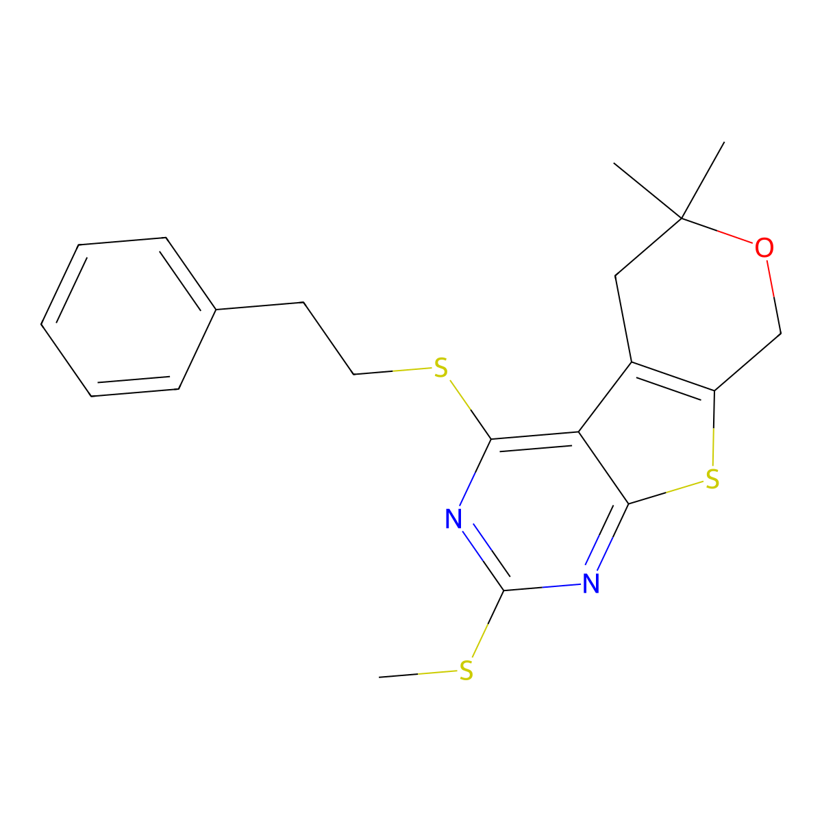 6,6-Dimethyl-2-methylsulfanyl-4-(2-phenylethylsulfanyl)-5,8-dihydropyrano[2,3]thieno[2,4-b]pyrimidine molecular structure, CAS 713113-18-9