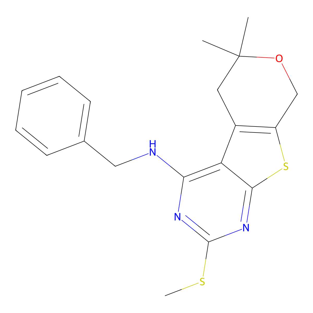 N-benzyl-6,6-dimethyl-2-methylsulfanyl-5,8-dihydropyrano[4,5]thieno[1,2-c]pyrimidin-4-amine molecular structure, CAS 713113-19-0