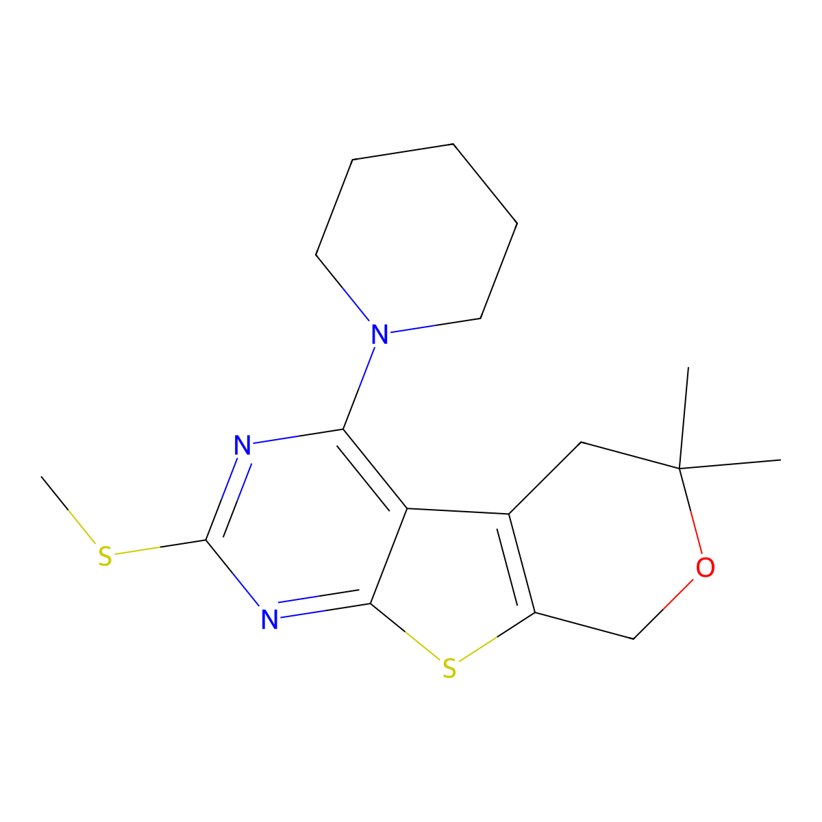 6,6-Dimethyl-2-methylsulfanyl-4-piperidin-1-yl-5,8-dihydropyrano[4,5]thieno[1,2-c]pyrimidine molecular structure, CAS 713113-20-3