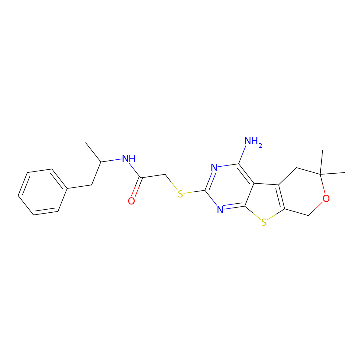 2-[(4-amino-6,6-dimethyl-5,8-dihydropyrano[4,5]thieno[1,2-c]pyrimidin-2-yl)sulfanyl]-N-(1-phenylpropan-2-yl)acetamide molecular structure, CAS 713113-22-5