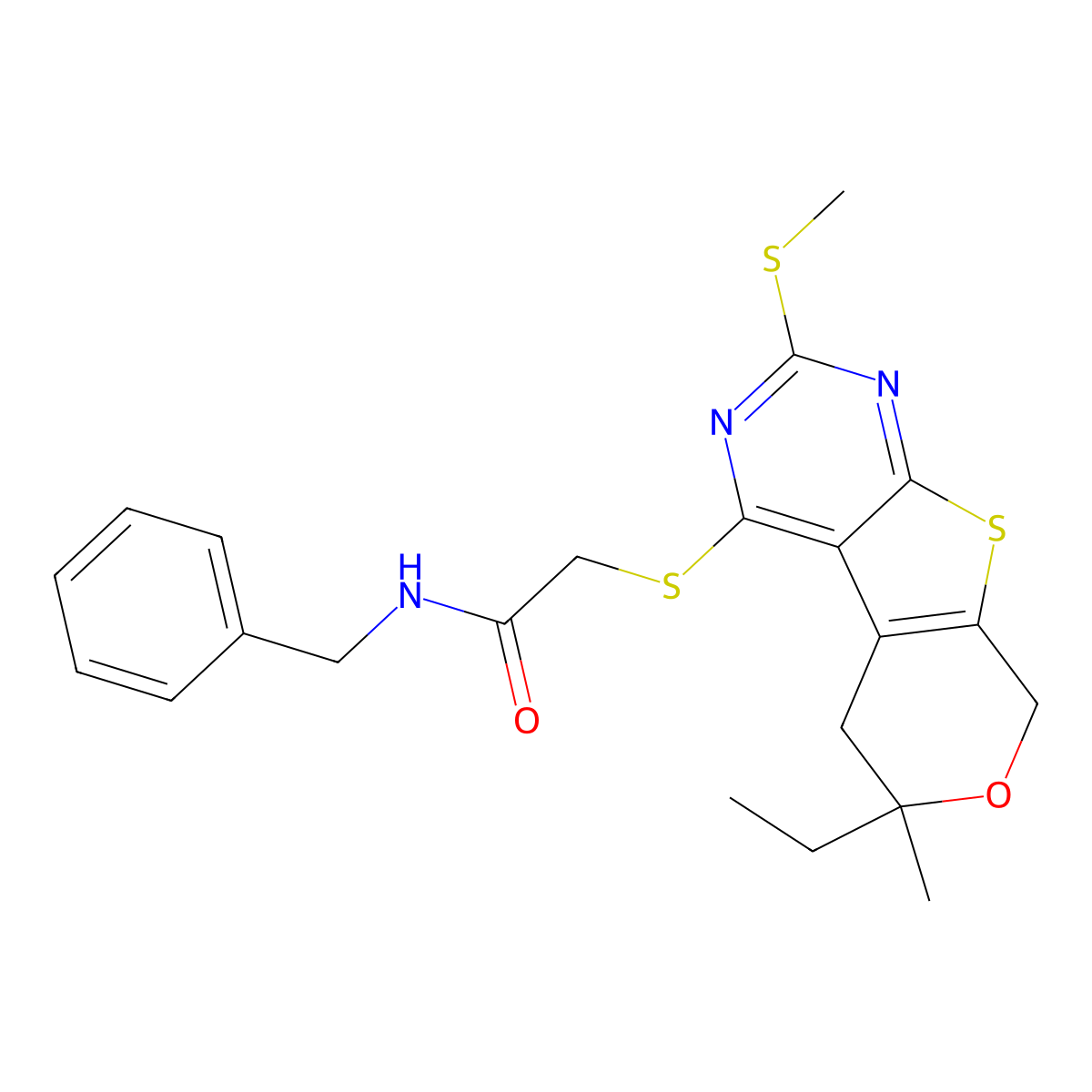 N-benzyl-2-[(6-ethyl-6-methyl-2-methylsulfanyl-5,8-dihydropyrano[2,3]thieno[2,4-b]pyrimidin-4-yl)sulfanyl]acetamide molecular structure, CAS 713113-23-6