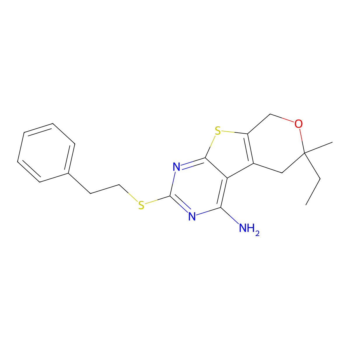 6-ethyl-6-methyl-2-[(2-phenylethyl)sulfanyl]-5,8-dihydro-6H-pyrano[4',3':4,5]thieno[2,3-d]pyrimidin-4-amine molecular structure, CAS 713113-27-0