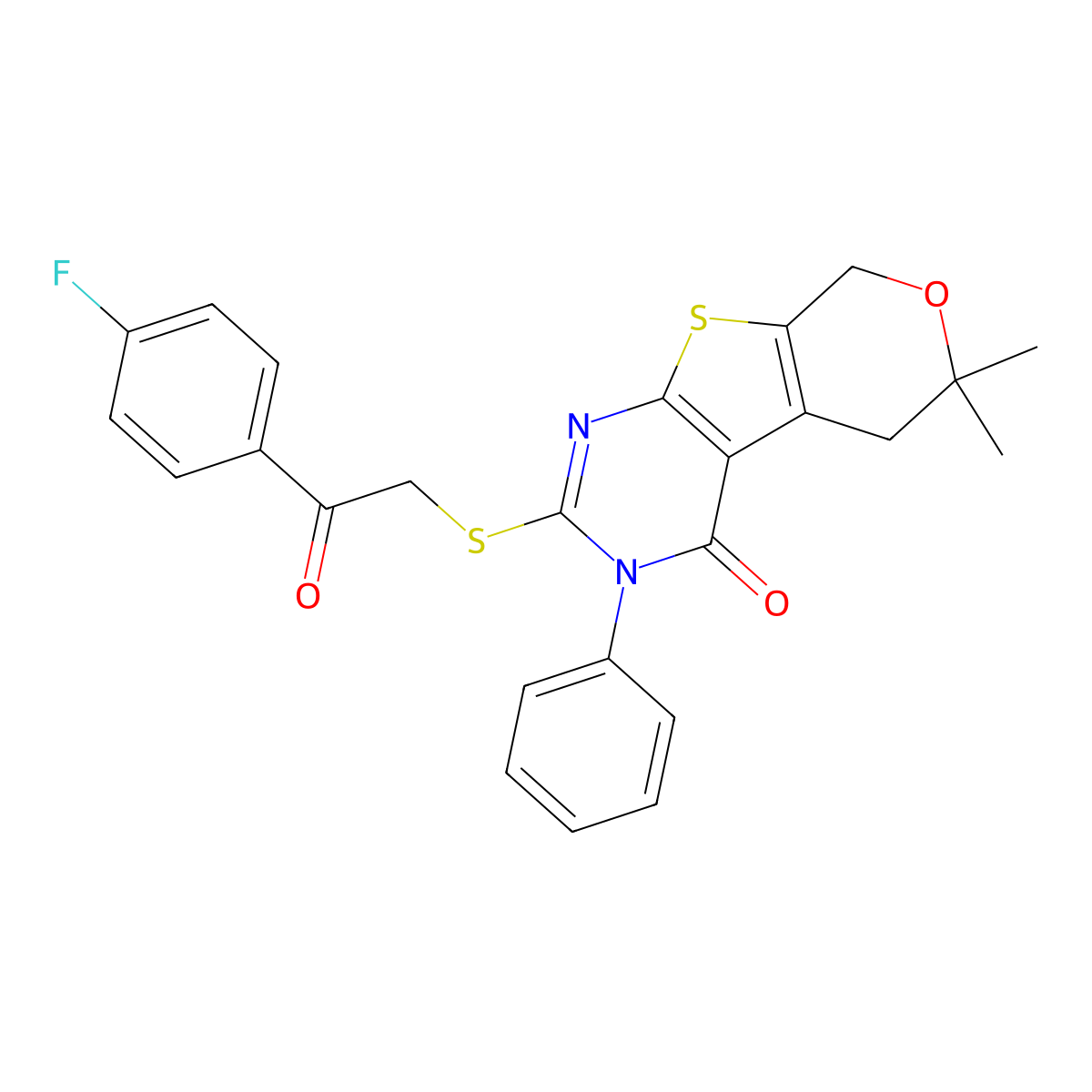 2-[2-(4-Fluorophenyl)-2-oxoethyl]sulfanyl-6,6-dimethyl-3-phenyl-5,8-dihydropyrano[2,3]thieno[2,4-b]pyrimidin-4-one molecular structure, CAS 713113-29-2