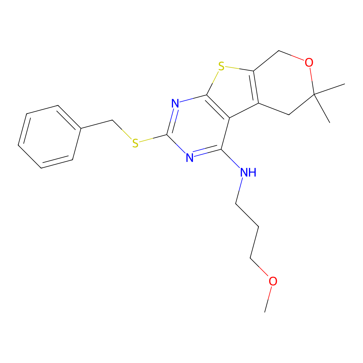 2-benzylsulfanyl-N-(3-methoxypropyl)-6,6-dimethyl-5,8-dihydropyrano[4,5]thieno[1,2-c]pyrimidin-4-amine molecular structure, CAS 713113-30-5