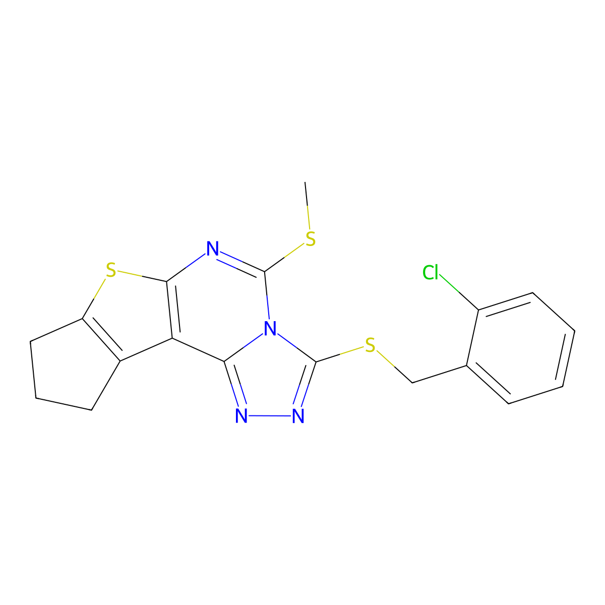 3-((2-chlorobenzyl)thio)-5-(methylthio)-9,10-dihydro-8H-cyclopenta[4,5]thieno[3,2-e][1,2,4]triazolo[4,3-c]pyrimidine molecular structure, CAS 713113-32-7