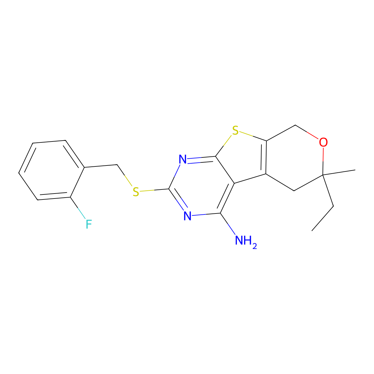 6-ethyl-2-[(2-fluorobenzyl)sulfanyl]-6-methyl-5,8-dihydro-6H-pyrano[4',3':4,5]thieno[2,3-d]pyrimidin-4-amine molecular structure, CAS 713113-34-9