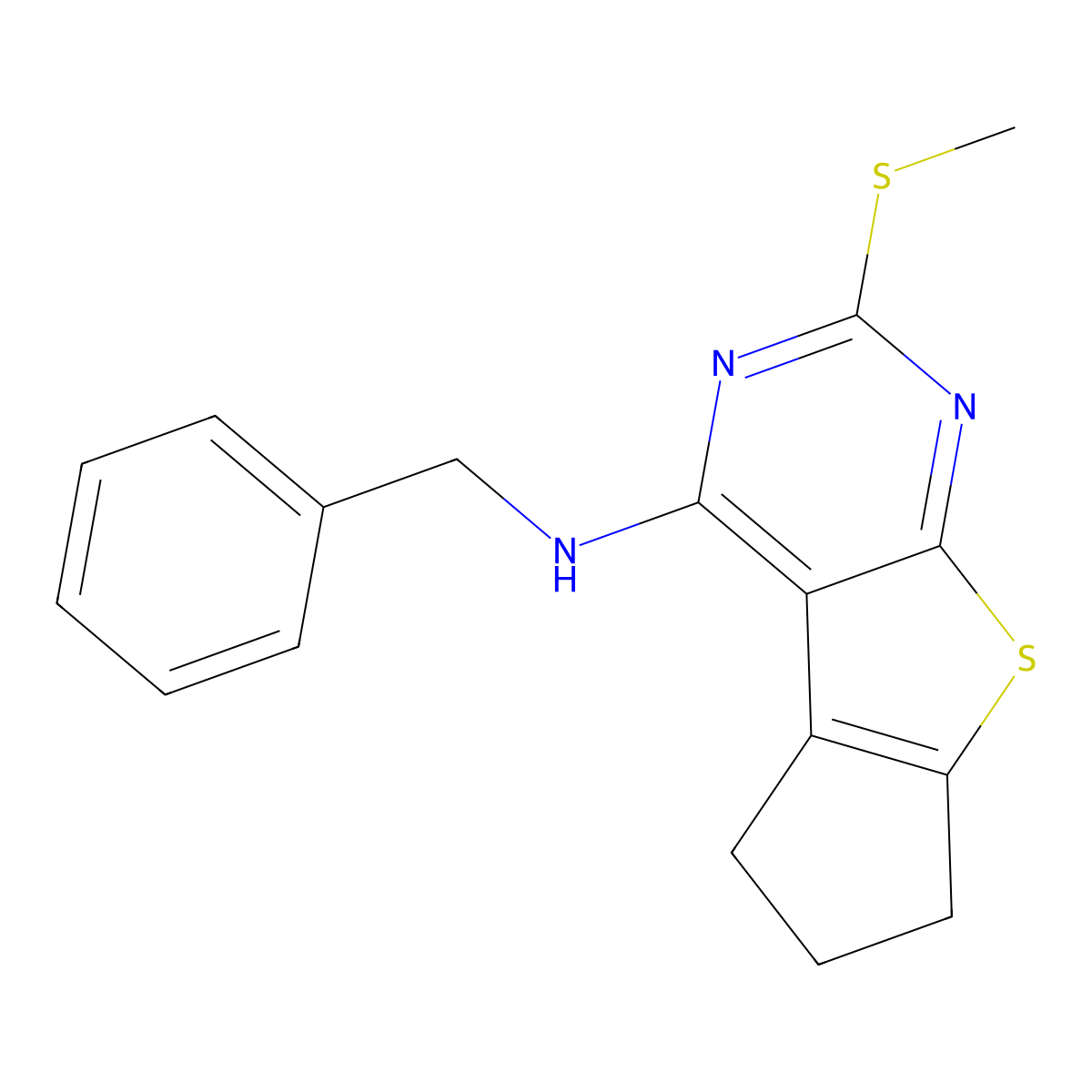 N-benzyl-2-(methylthio)-6,7-dihydro-5H-cyclopenta[4,5]thieno[2,3-d]pyrimidin-4-amine molecular structure, CAS 713113-35-0