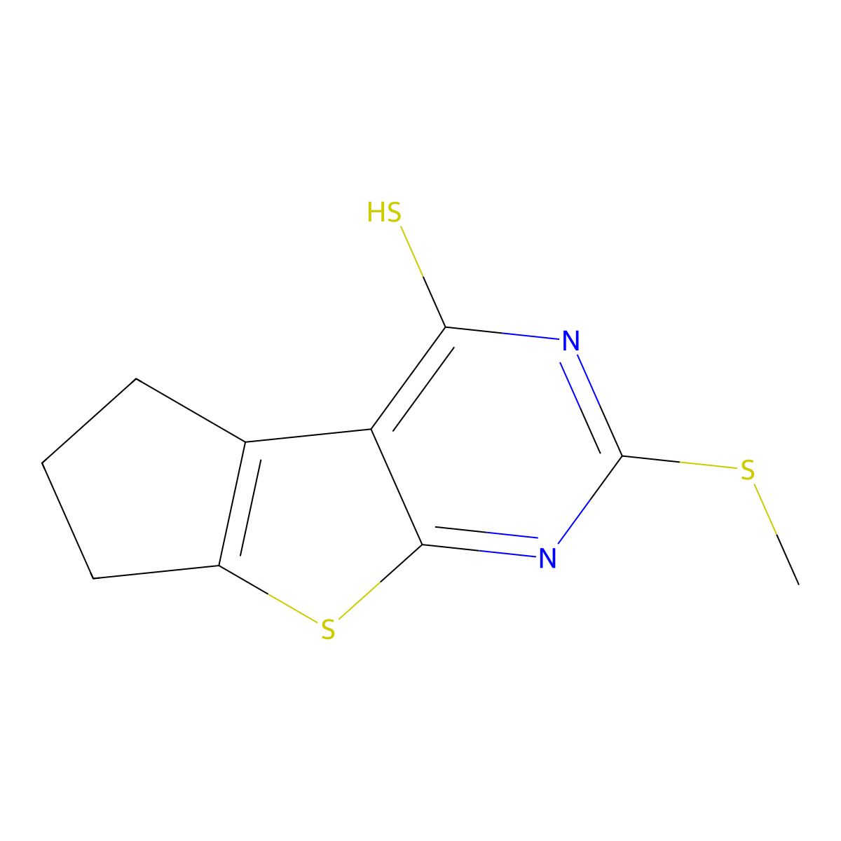 2-(methylsulfanyl)-6,7-dihydro-5H-cyclopenta[4,5]thieno[2,3-d]pyrimidine-4-thiol molecular structure, CAS 713113-37-2