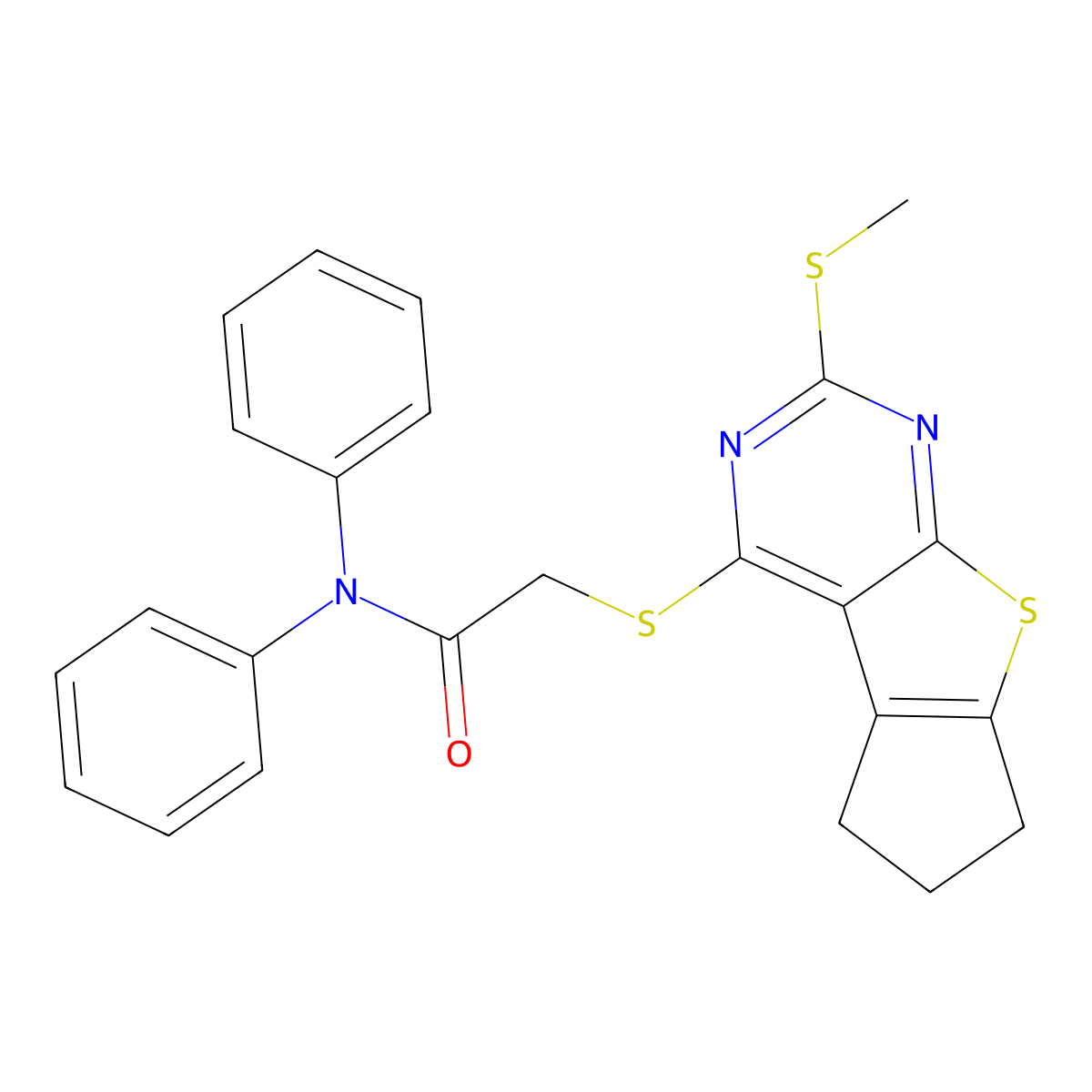 2-((2-(methylthio)-6,7-dihydro-5H-cyclopenta[4,5]thieno[2,3-d]pyrimidin-4-yl)thio)-N,N-diphenylacetamide molecular structure, CAS 713113-38-3