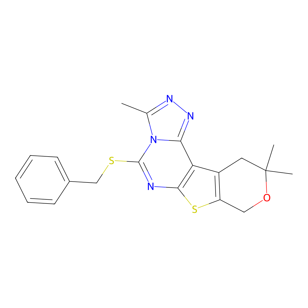 5-(benzylthio)-3,10,10-trimethyl-10,11-dihydro-8H-pyrano[4',3':4,5]thieno[3,2-e][1,2,4]triazolo[4,3-c]pyrimidine molecular structure, CAS 713113-45-2