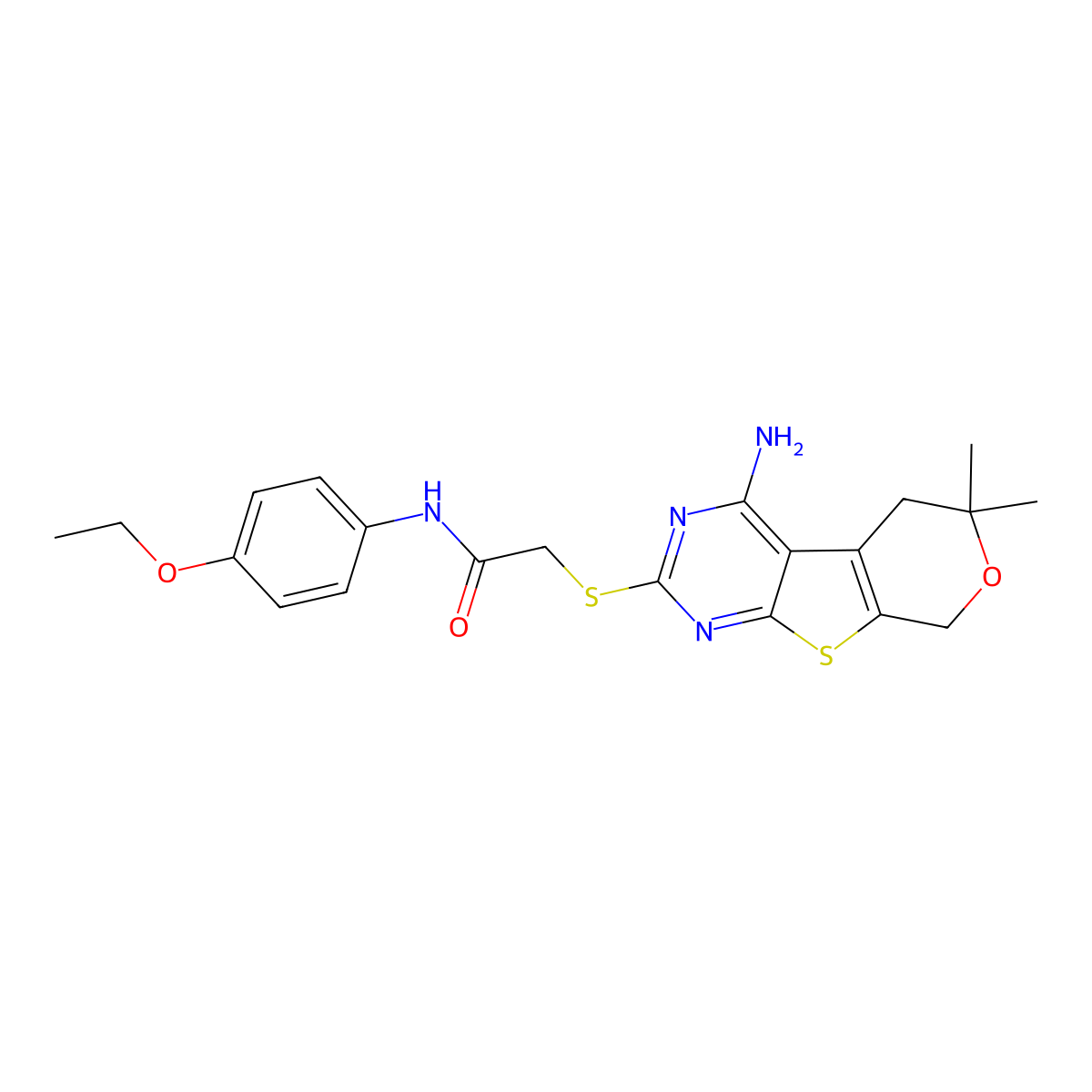2-[(4-amino-6,6-dimethyl-5,8-dihydro-6H-pyrano[4',3':4,5]thieno[2,3-d]pyrimidin-2-yl)sulfanyl]-N-(4-ethoxyphenyl)acetamide molecular structure, CAS 713113-48-5